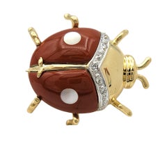 Diamond, Jasper and Mother of Pearl Ladybug Brooch in Two Tone 14 Karat Gold