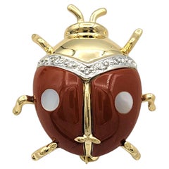 Diamond, Jasper and Mother of Pearl Ladybug Brooch in Two Tone 14 Karat Gold