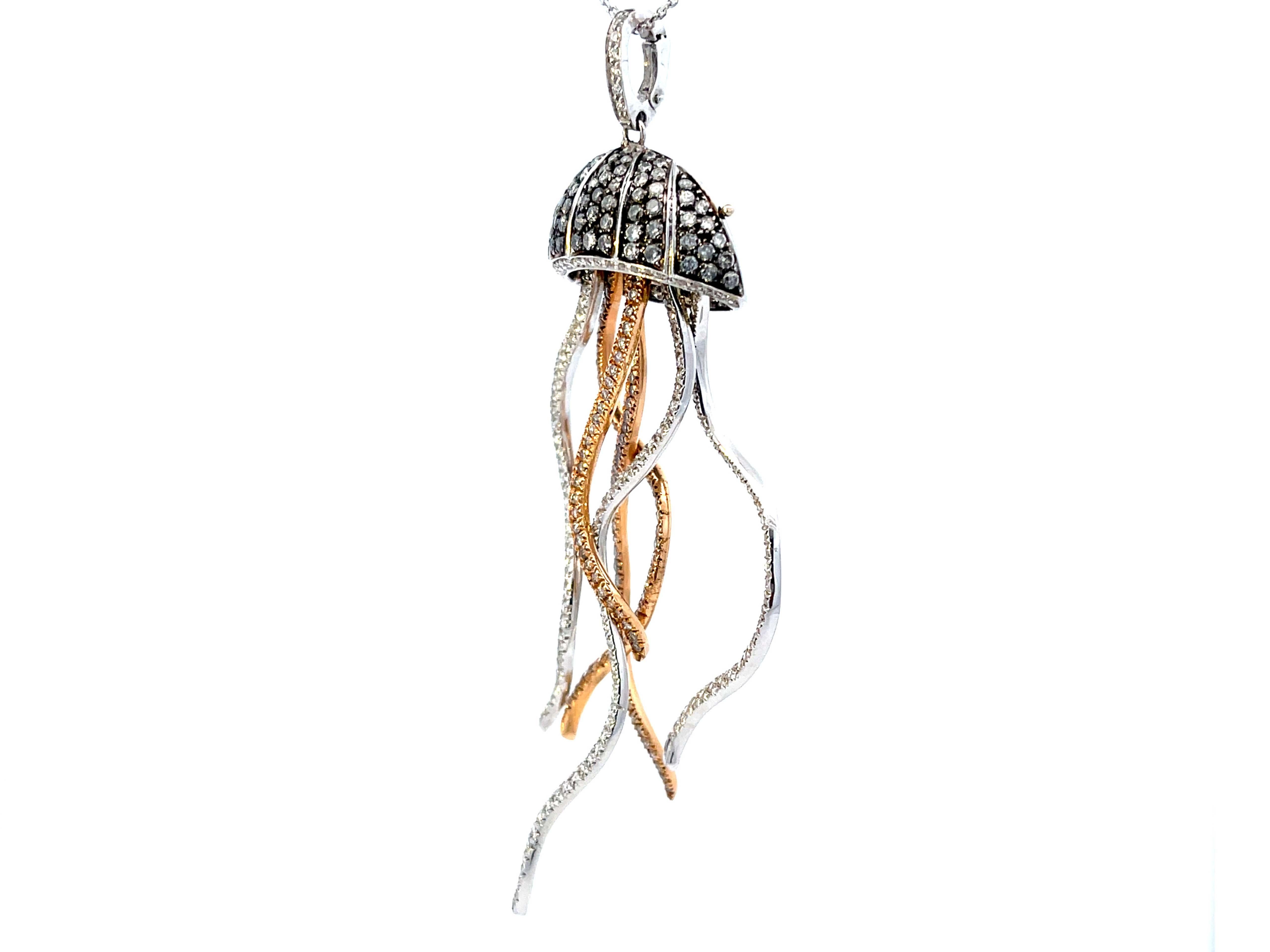 Brilliant Cut Diamond Jellyfish Necklace in 18k White Black and Rose Gold