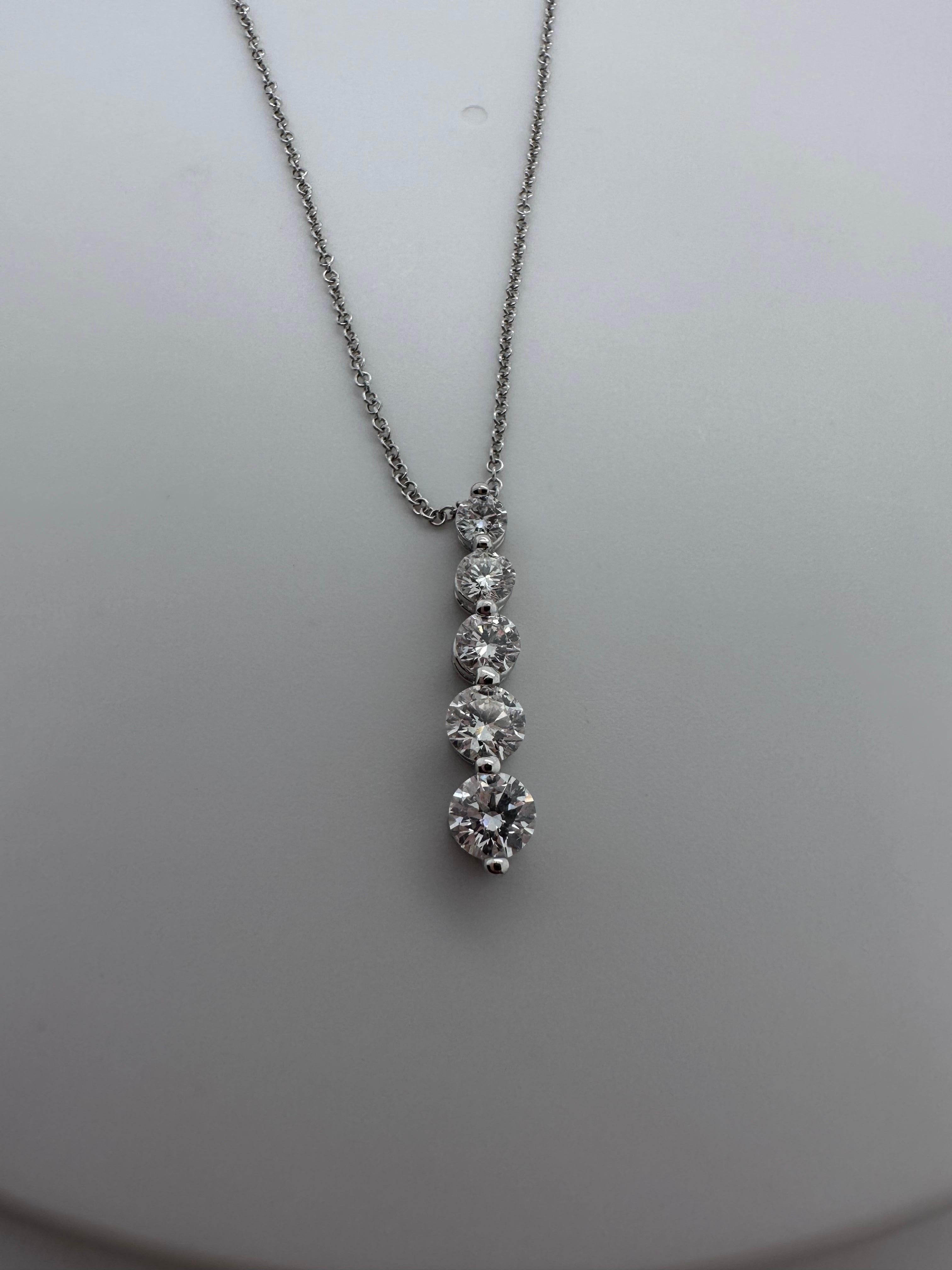 Journey diamond pendant necklace in 14KT white gold.
Its hard to find a beautiful journey pendant with the right balance in the stones! This is a beautiful graduating design with large diamonds that will last you for years to wear!
Metal Type:
