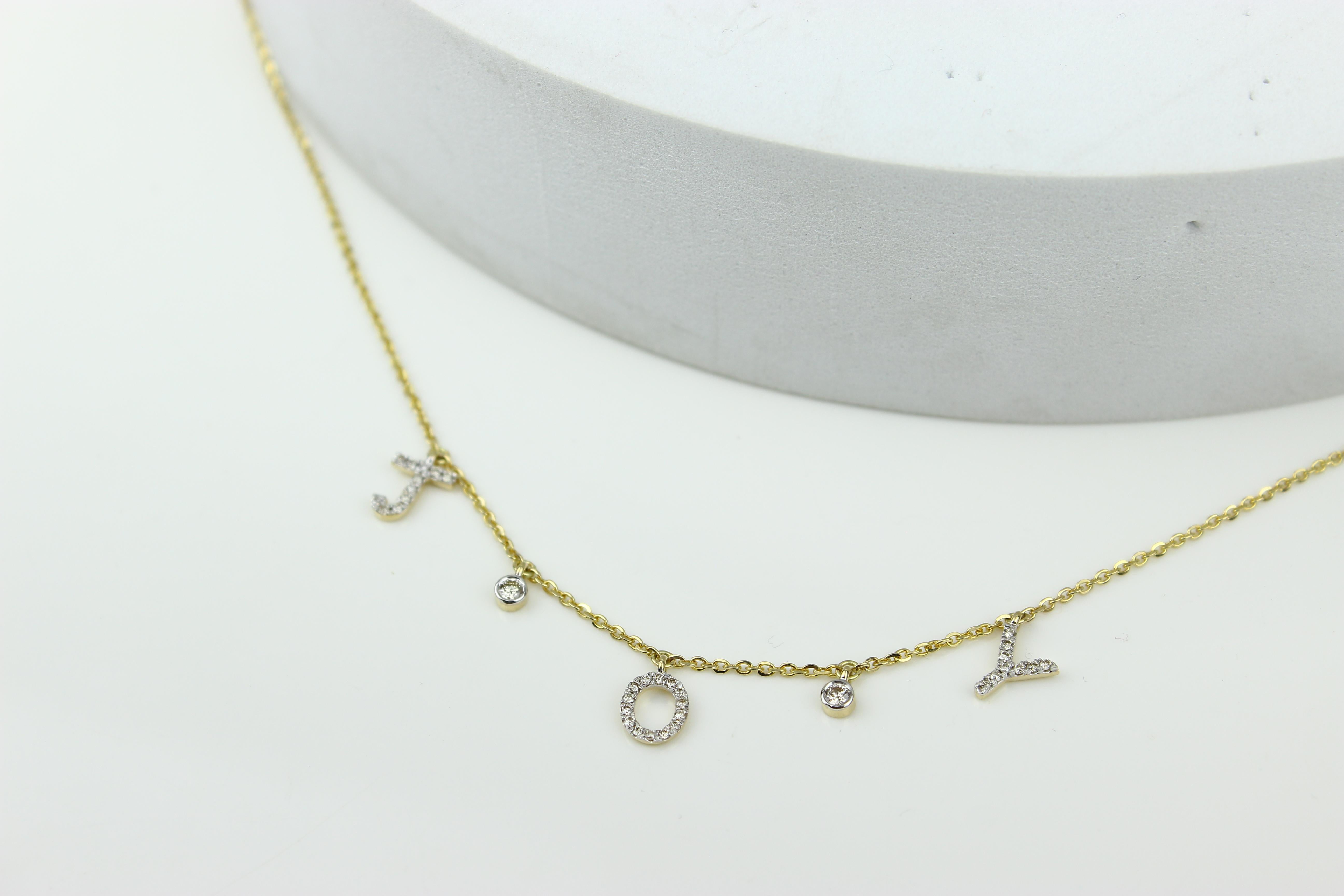 Art Deco Diamond Joy Letters Necklace in 18k Solid Gold For Sale