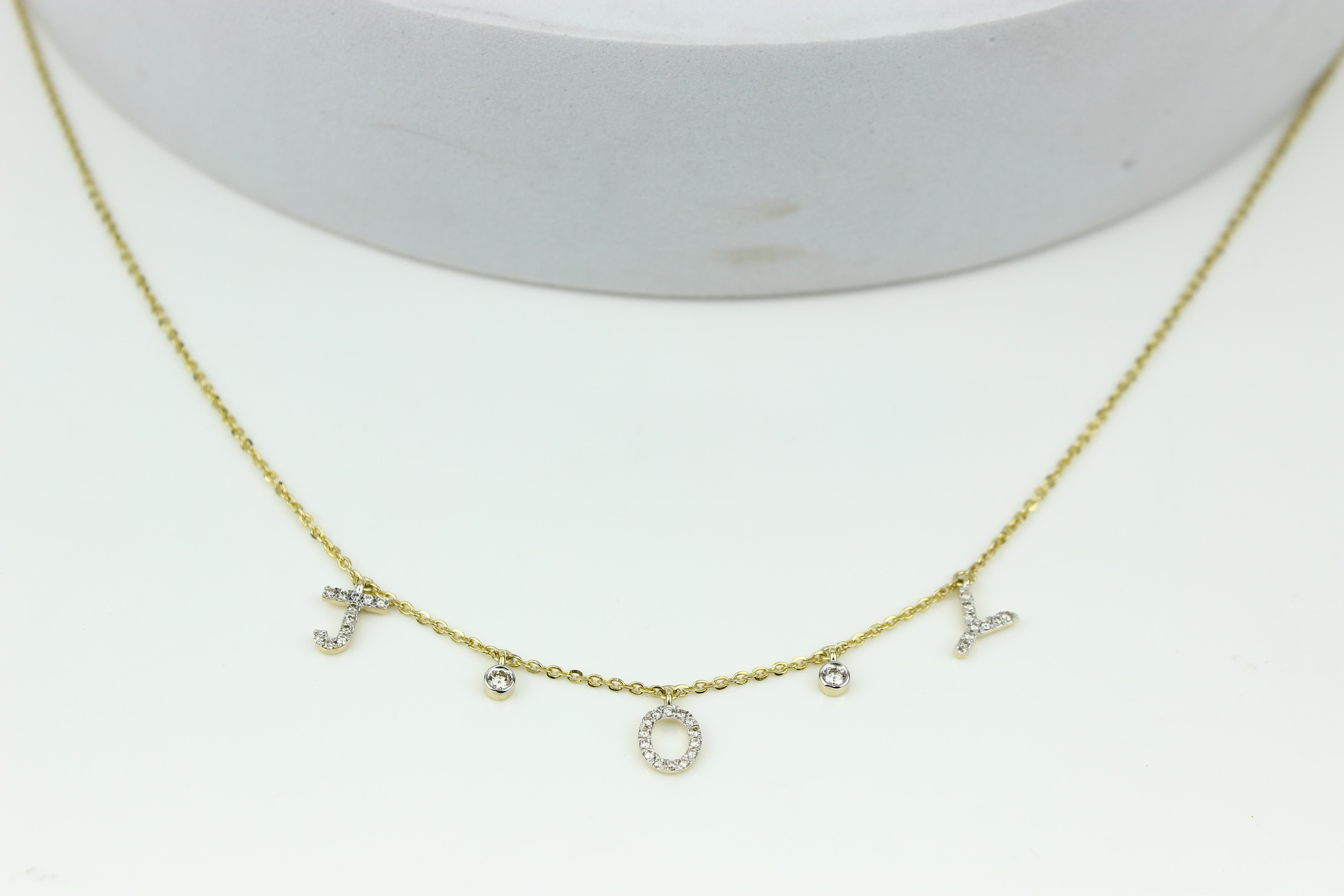Round Cut Diamond Joy Letters Necklace in 18k Solid Gold For Sale