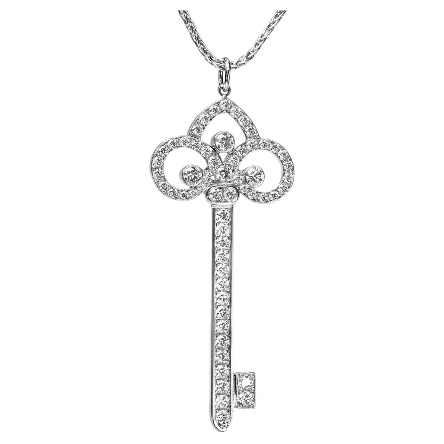 Diamond Key Amulet Pendant in Platinum on a Wheat Platinum Chain For Sale