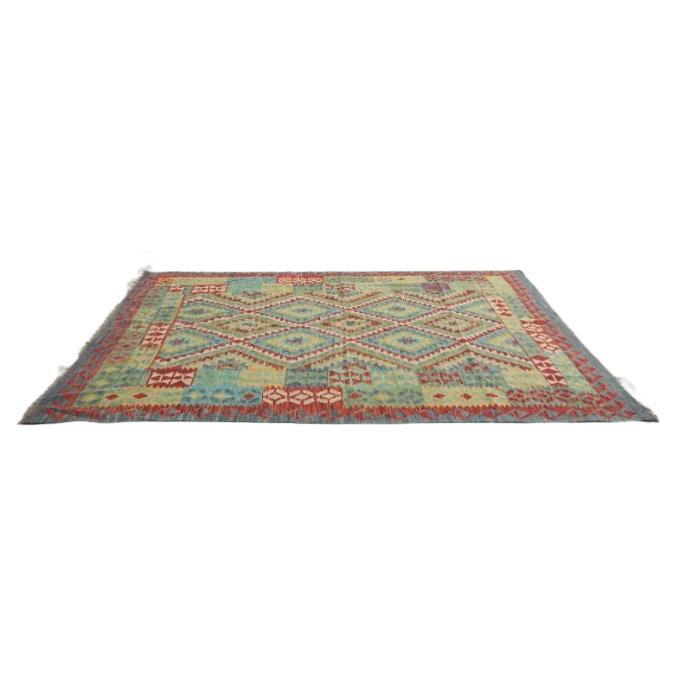 Diamond Kilim Wool Rug with Colorful Geometric Pattern