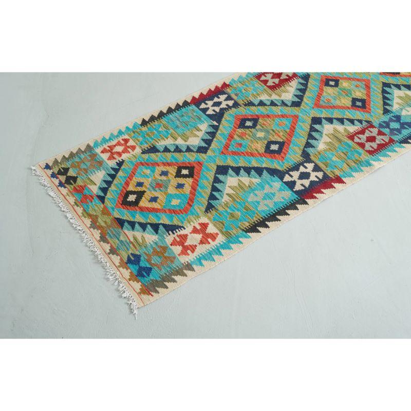 Pakistani Diamond Kilim Wool Runner with Vibrant Blue Geometric Pattern For Sale