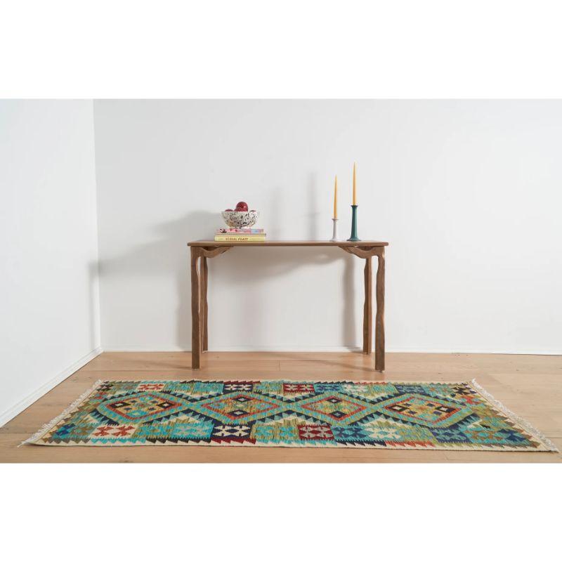 Diamond Kilim Wool Runner with Vibrant Blue Geometric Pattern In Good Condition For Sale In Brooklyn, NY