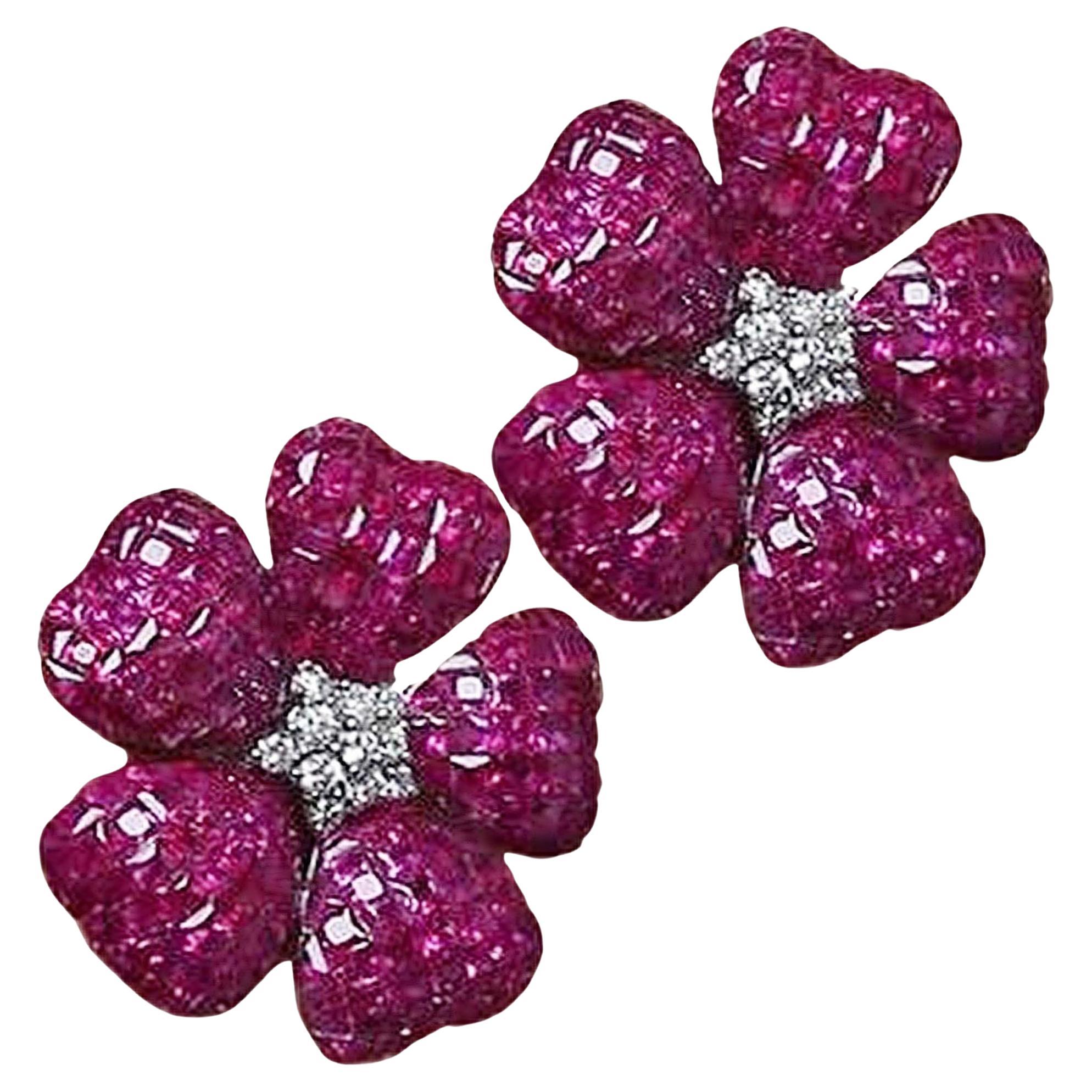 3ct Ruby & 0.40ct Diamond 14K White Gold Drop Earrings For Sale