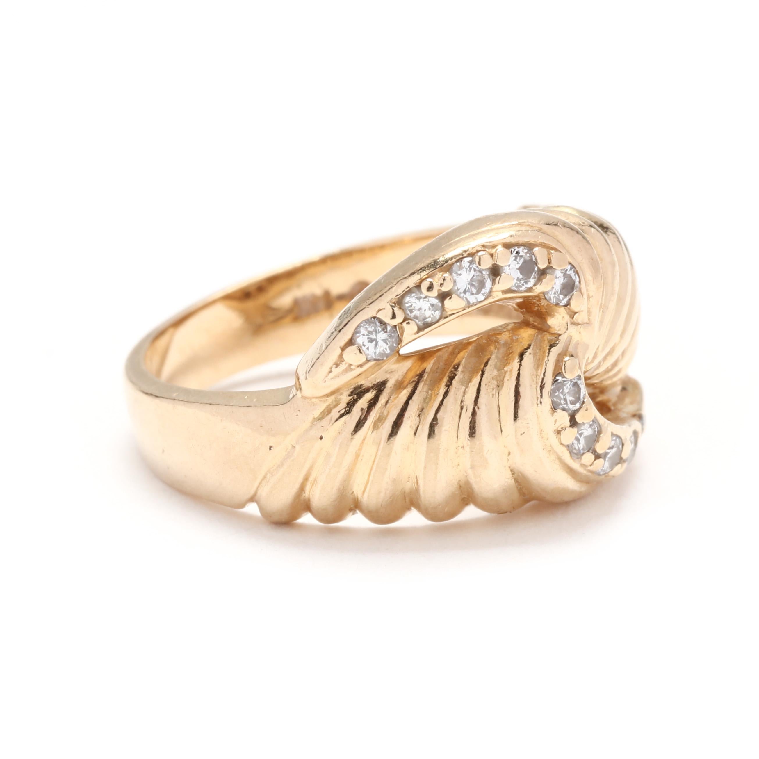 A vintage 14 karat yellow gold diamond knot cocktail ring. This vintage gold ring features an open ridged knot motif set with round brilliant cut diamonds weighing approximately .20 total carats and with a split band.

Stones:
- diamonds, 10