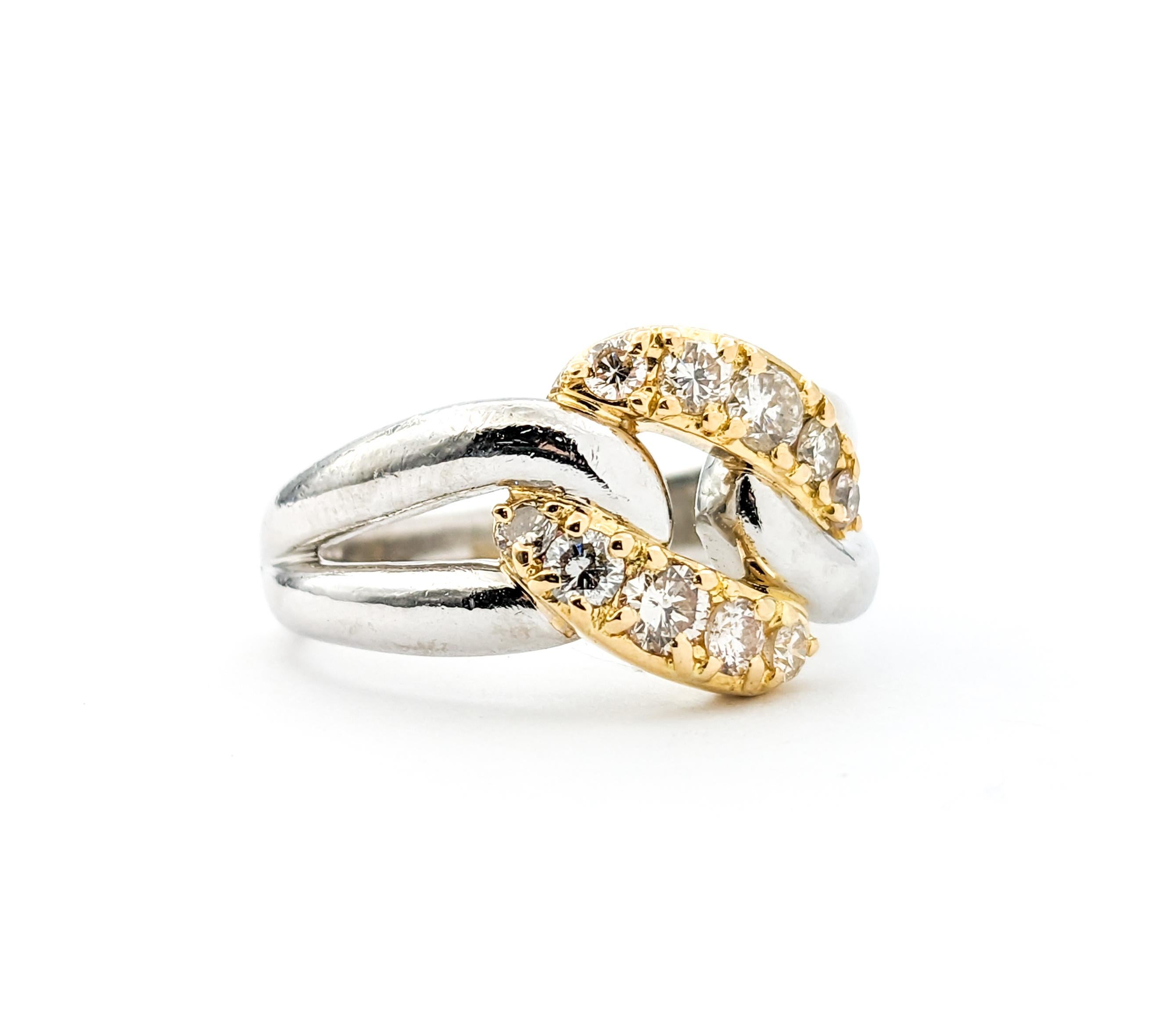 Women's Diamond Knot Design Ring In Platinum & Yellow Gold For Sale