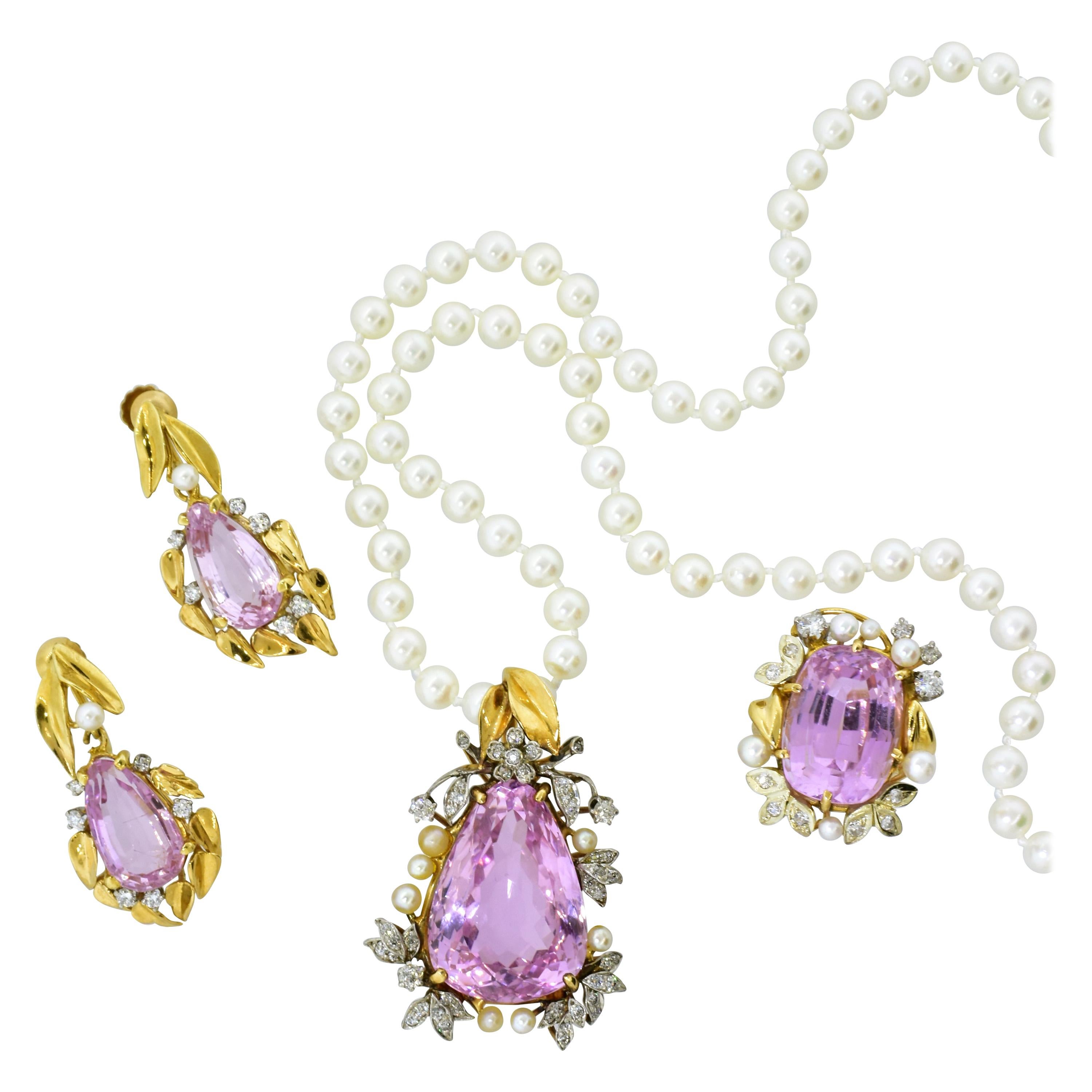 Diamond, Kunzite and Pearl Ring, Earrings and Necklace All in Gold & Platinum 4
