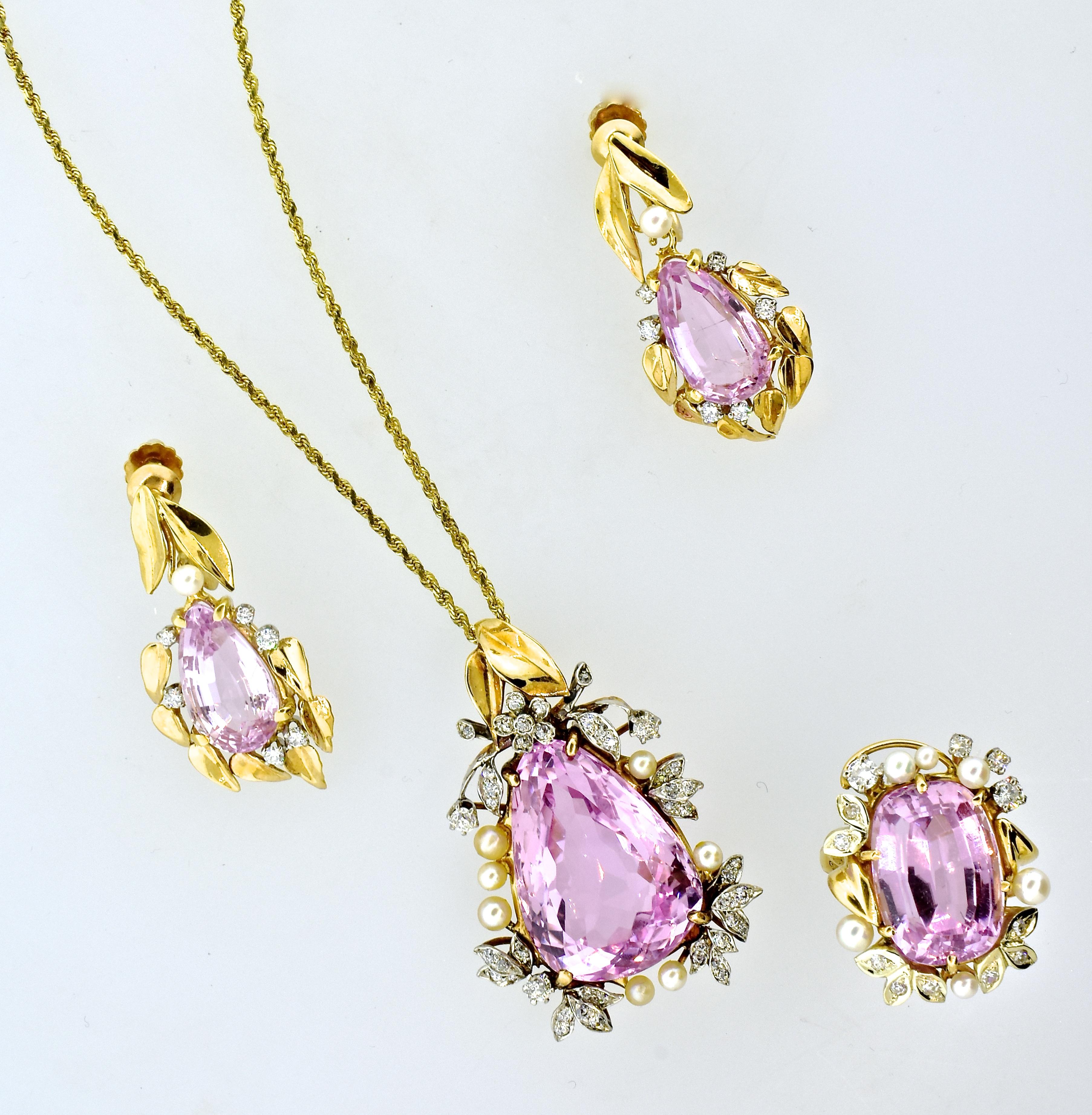 Diamond, Kunzite and Pearl Ring, Earrings and Necklace All in Gold & Platinum 5