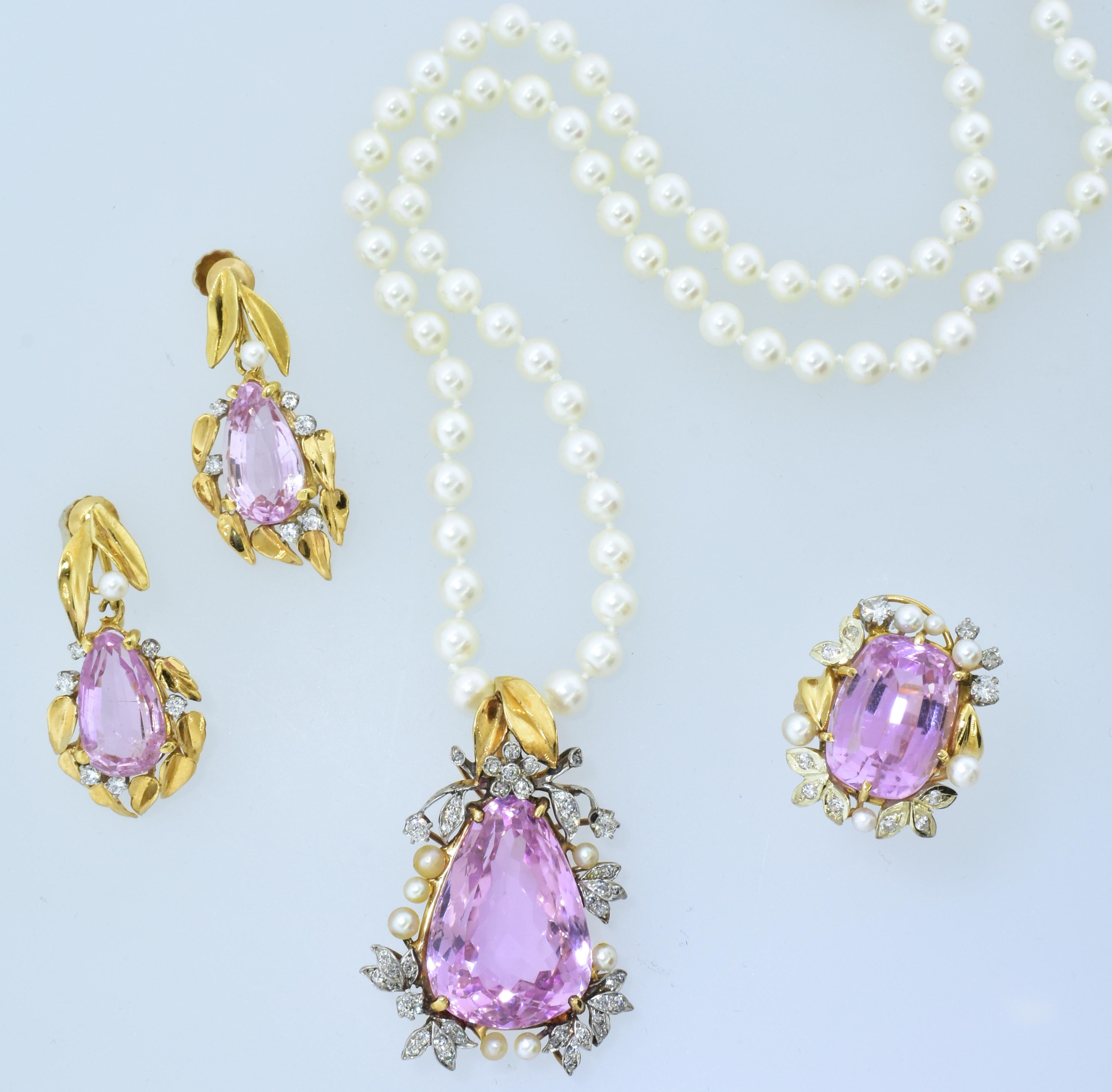 Diamond, Kunzite and Pearl Ring, Earrings and Necklace All in Gold & Platinum 11