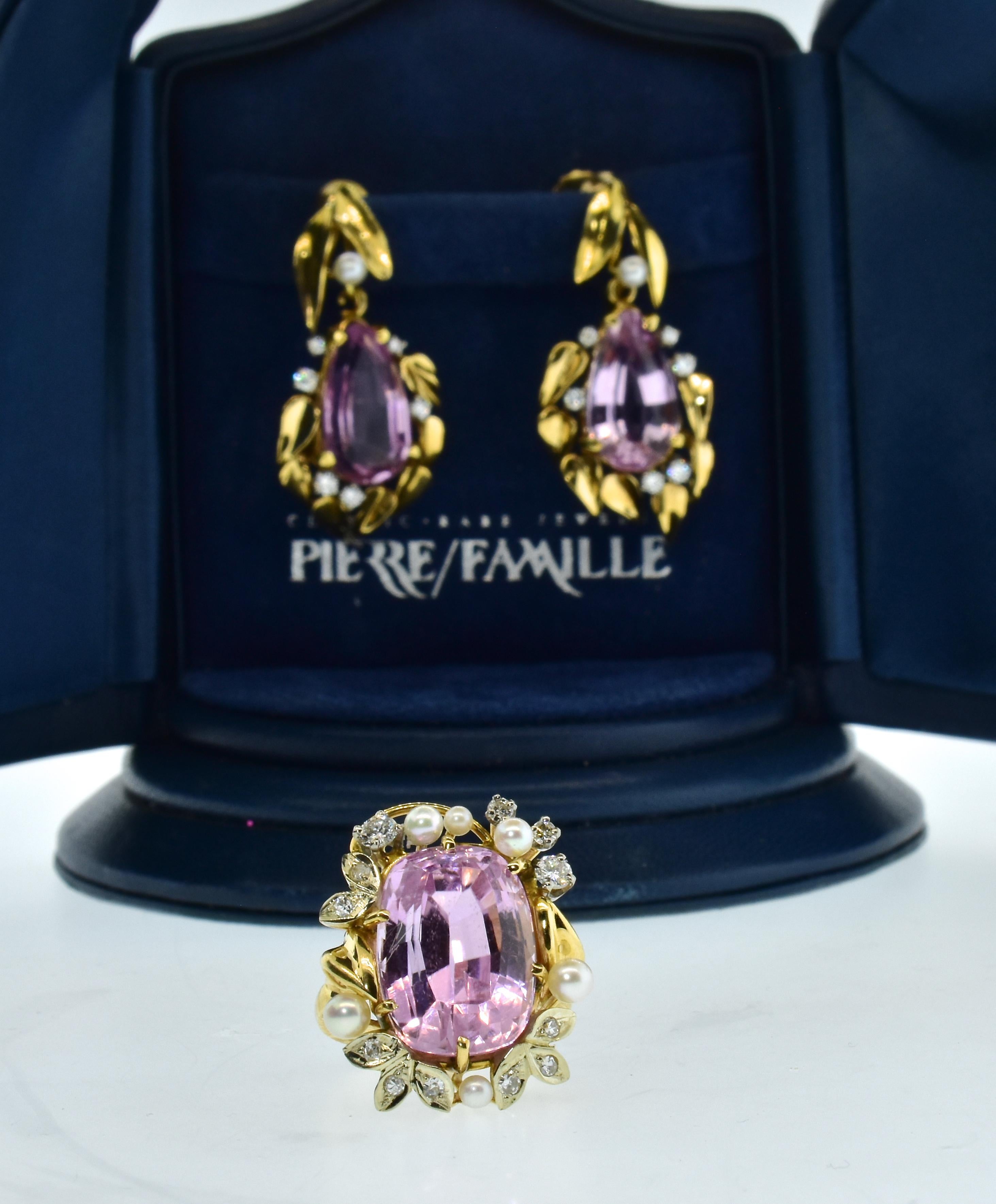 Diamond, Kunzite and Pearl Ring, Earrings and Necklace All in Gold & Platinum 13