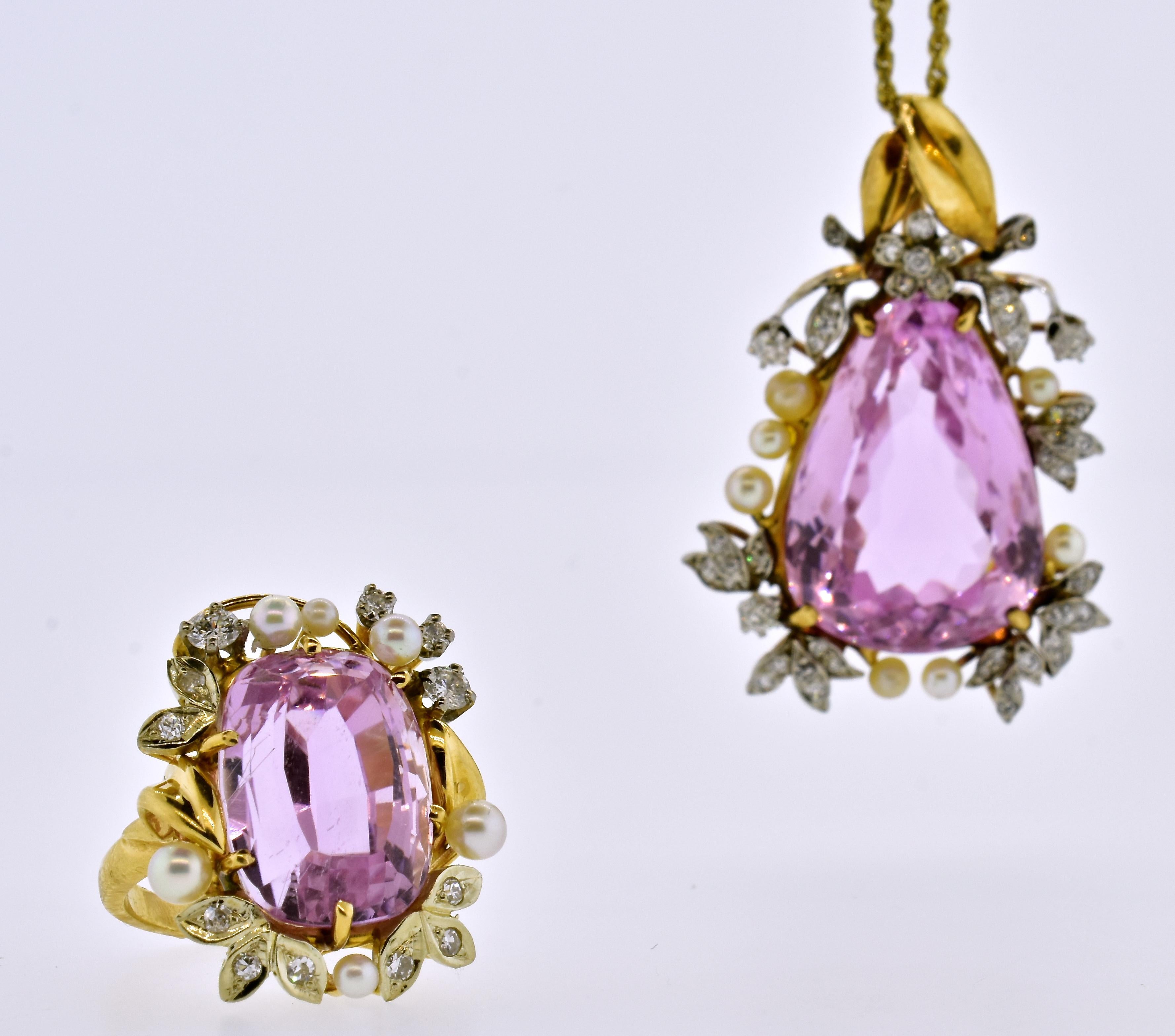 Diamond, Kunzite and Pearl Ring, Earrings and Necklace All in Gold & Platinum 2