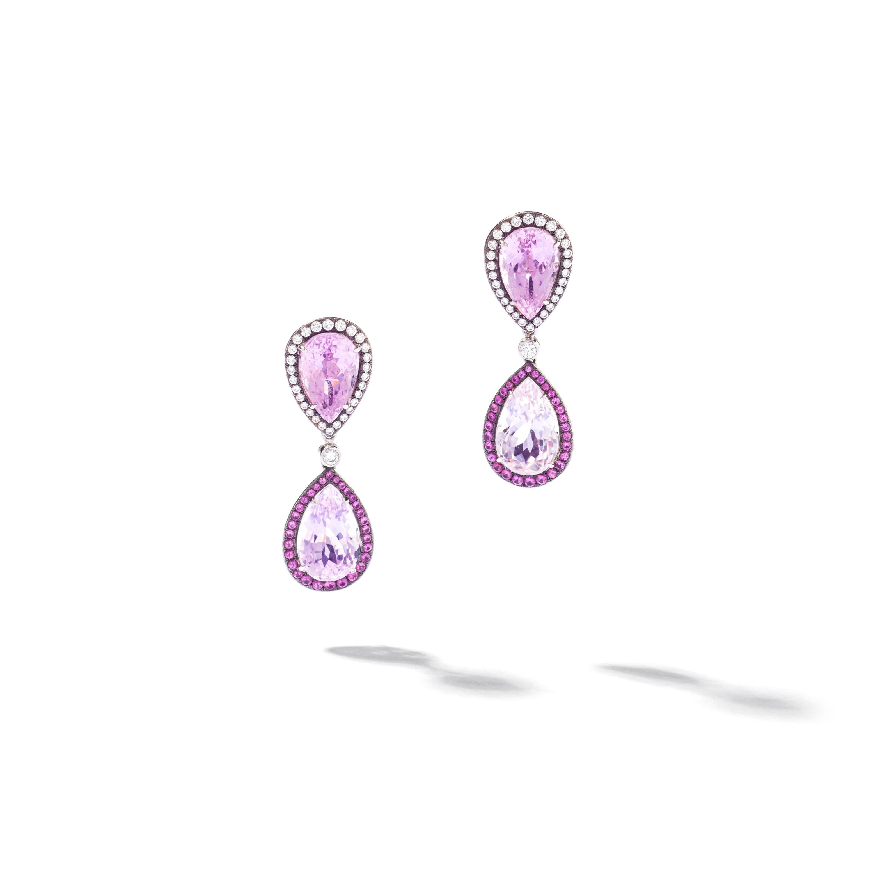 Diamond Kunzite and Pink Sapphire White Gold 18k Earrings
Day and Night Pear Shapes. 
Drops are removable the earrings are wearable as studs.

Total height when drop: 1.57 inch (4.00 centimeters).
Total height when stud: 0.67 inch (1.70