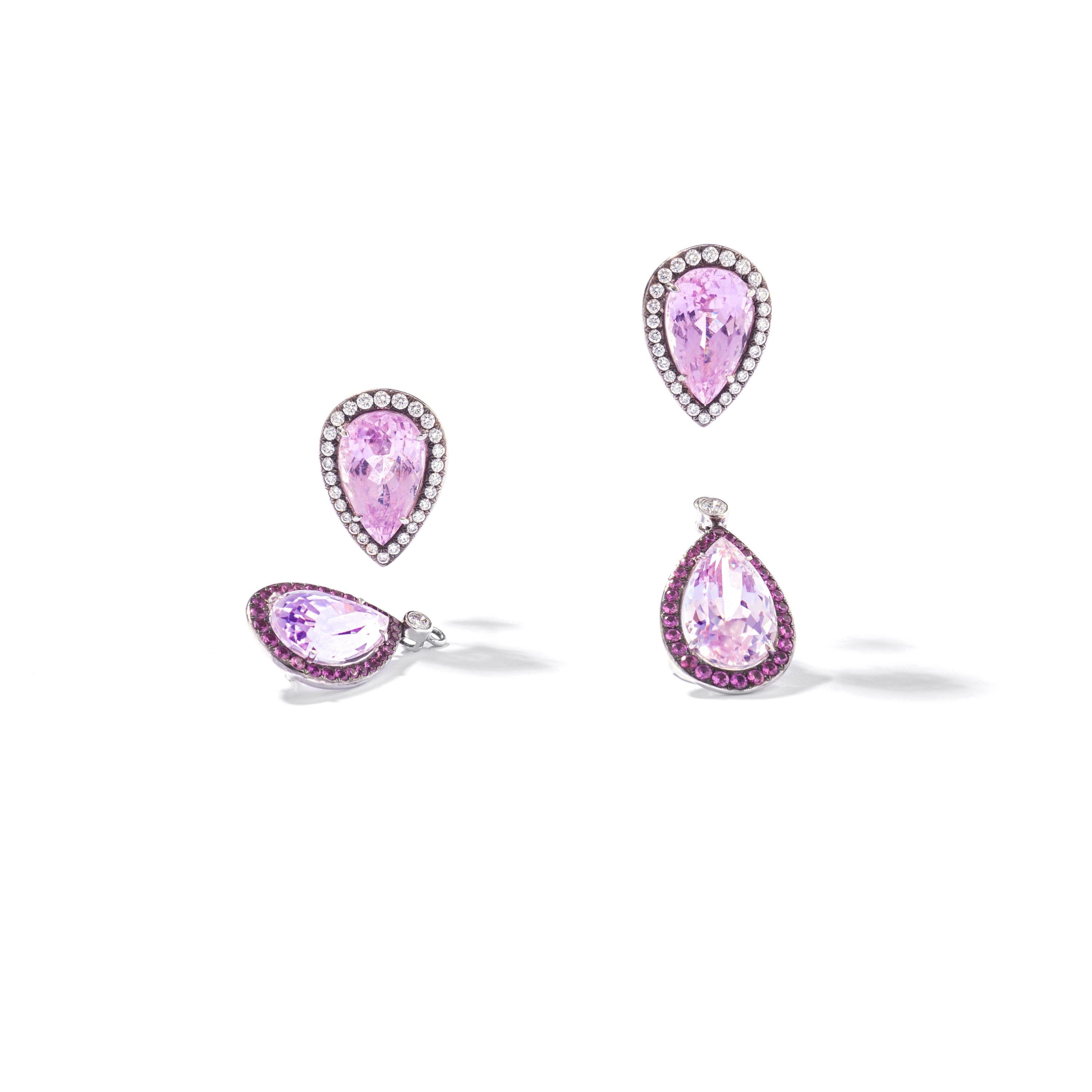 Contemporary Diamond Kunzite and Pink Sapphire White Gold 18 Karat Earrings
