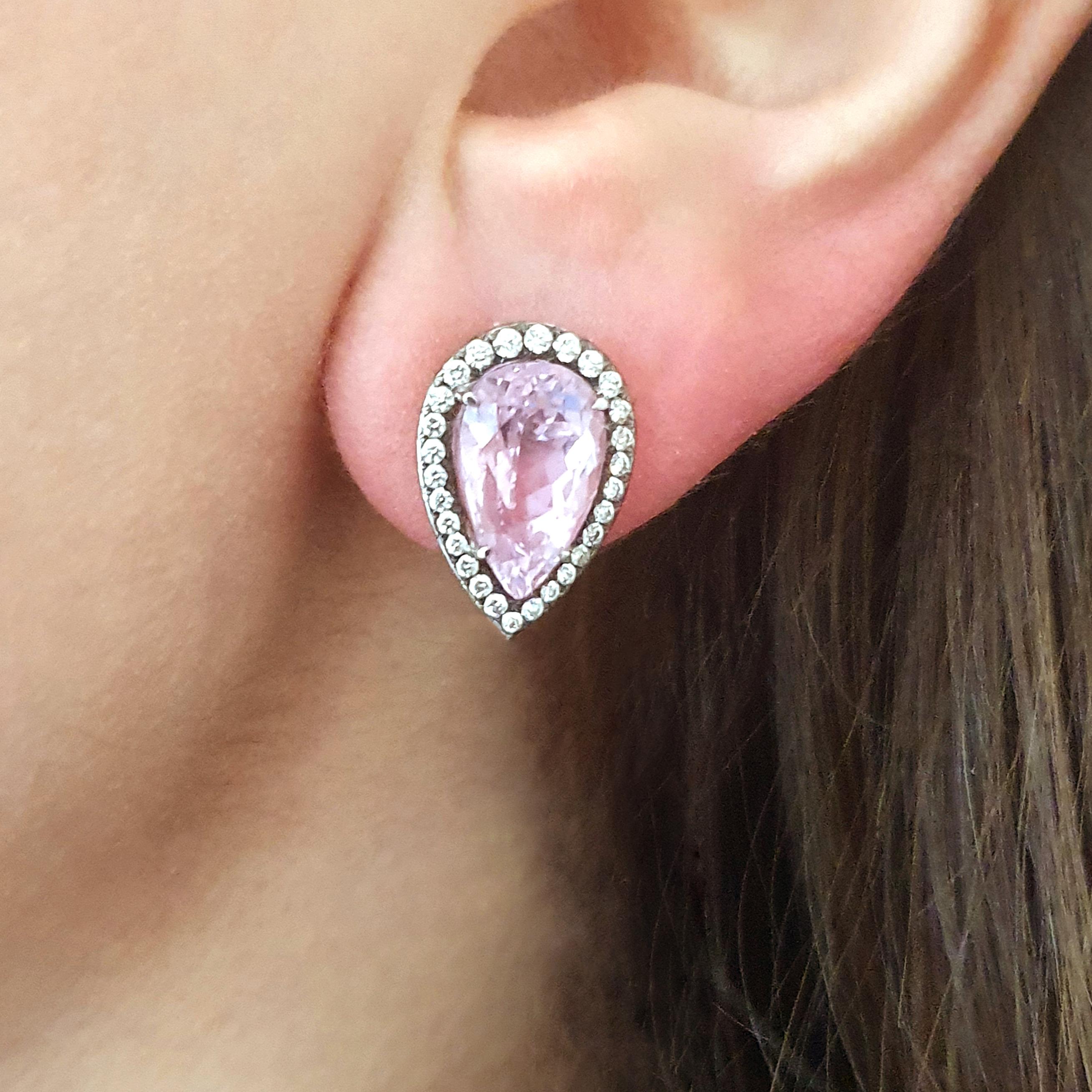 Diamond Kunzite and Pink Sapphire White Gold 18 Karat Earrings In Excellent Condition In Geneva, CH