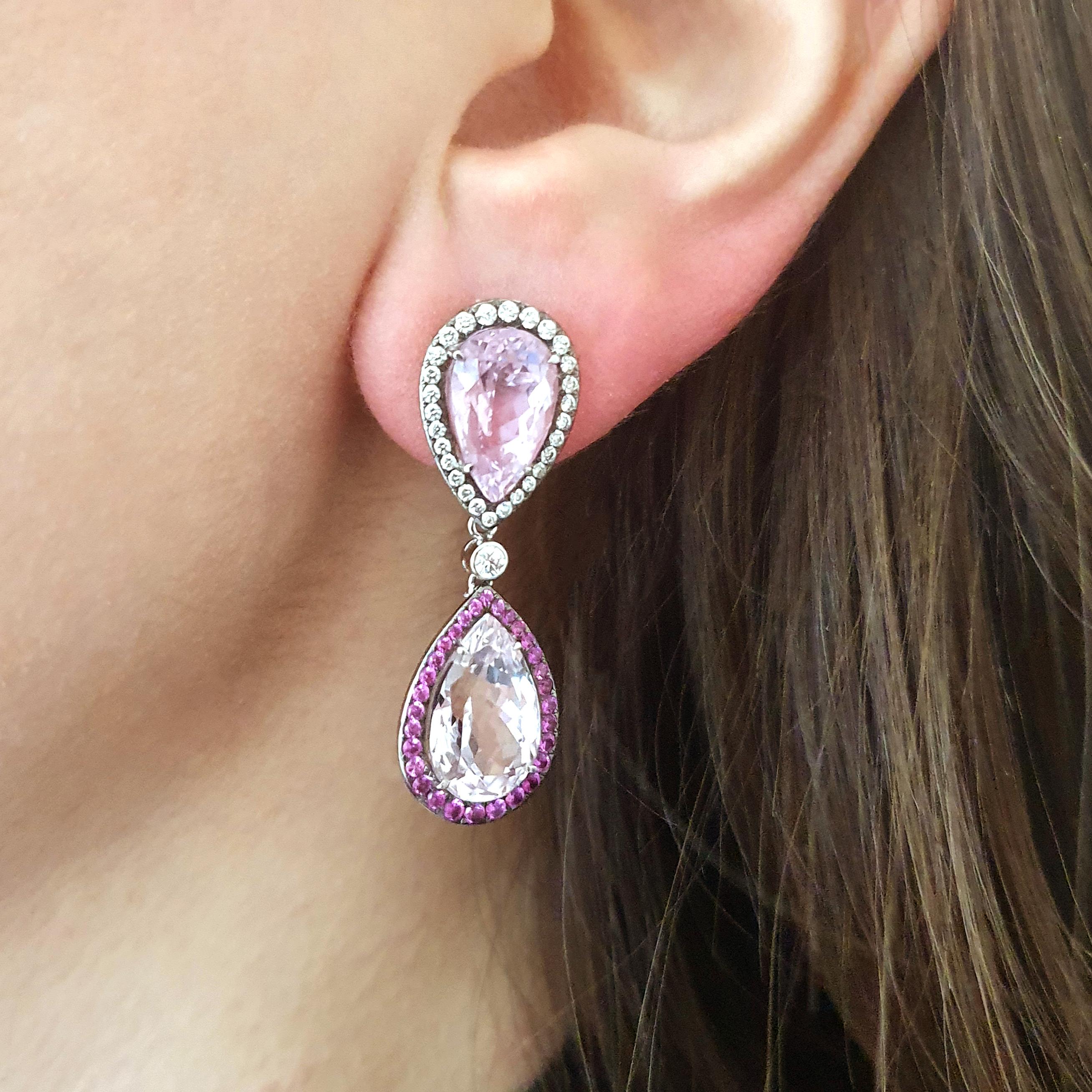 Pear Cut Diamond Kunzite and Pink Sapphire White Gold 18 Karat Earrings