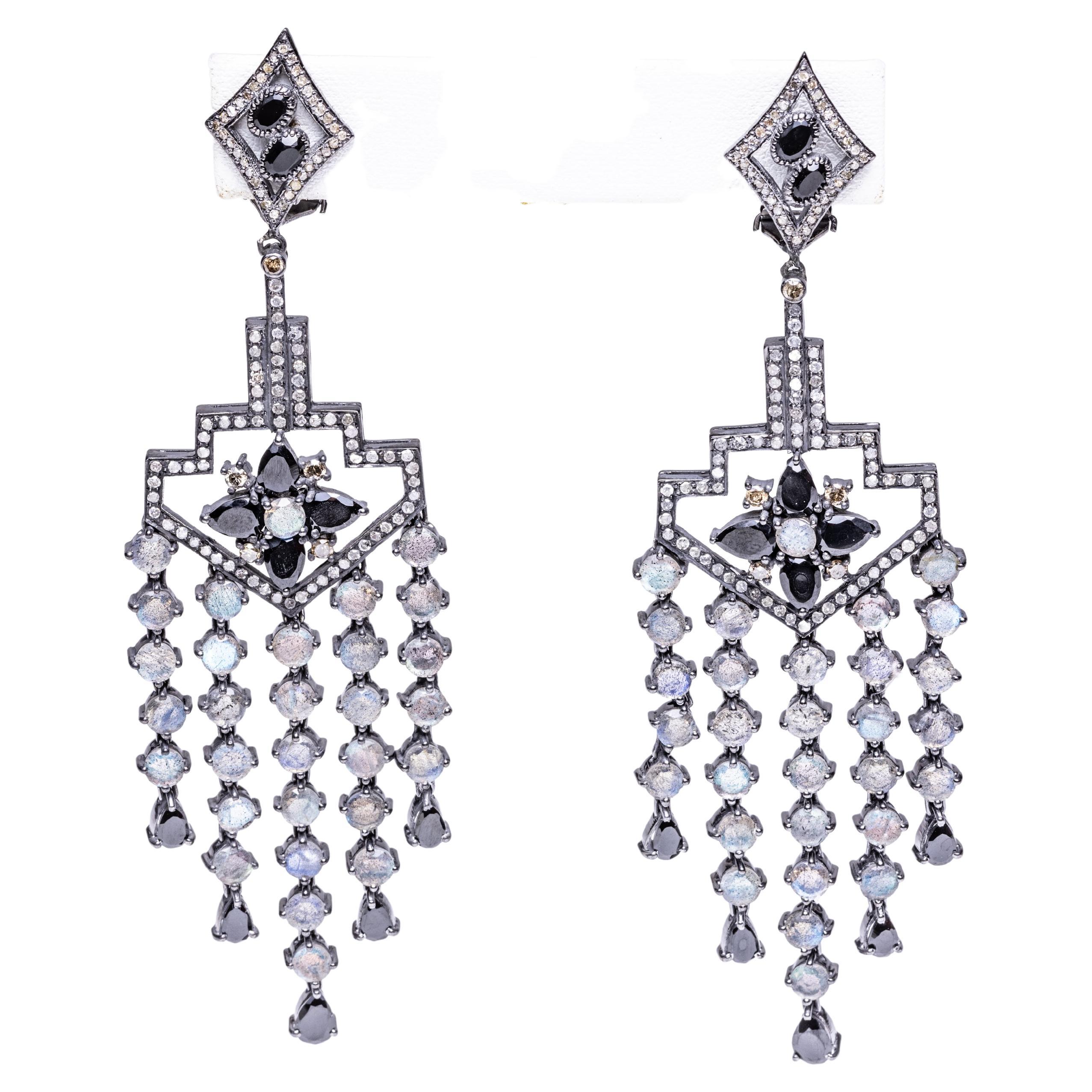 Diamond, Labradorite and Black Spinel Chandelier Earrings For Sale