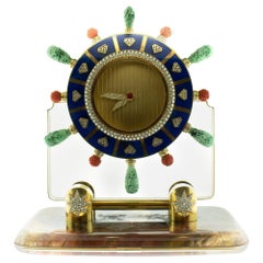 Vintage Diamond Lapis Carved Coral and Jade Rock Crystal 18 Karat Gold Ship Wheel Clock