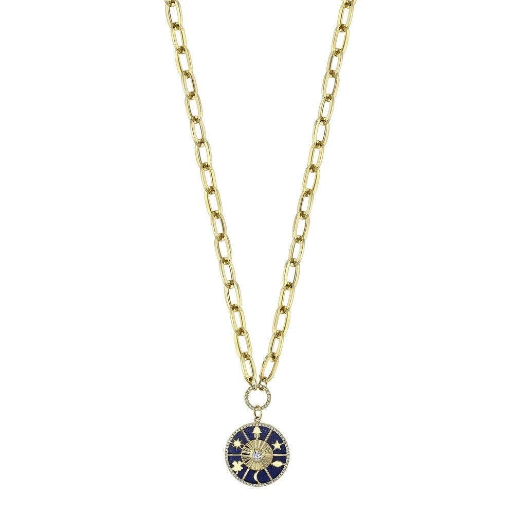 Diamond (0.08 carat center, 0.24 total carat weight) and lapis lazuli (4.43 total carat weight) pendant necklace in 14K yellow gold. The necklace is designed and handmade locally in Los Angeles by Sage Designs L.A. using earth-mined and conflict