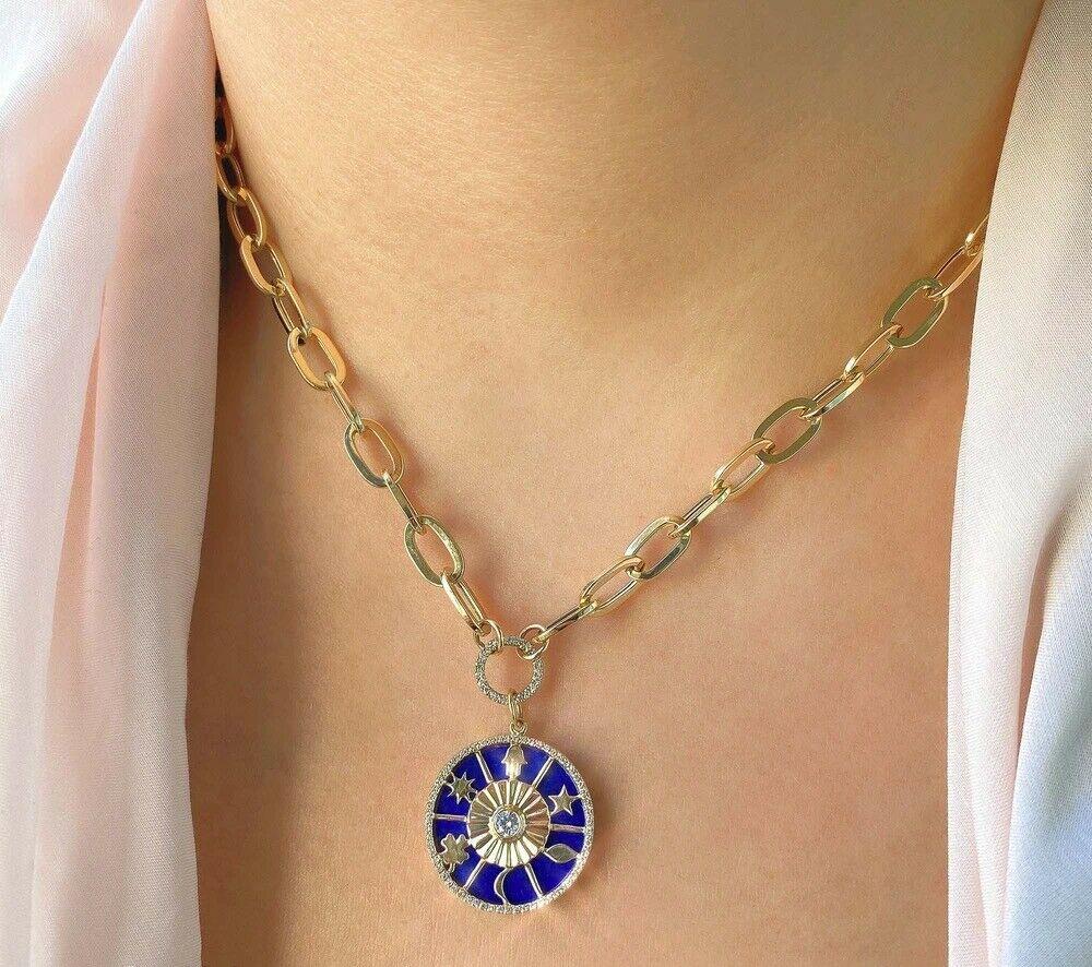 Contemporary Diamond Lapis Hamsa Star Moon Clover Yellow Gold Pendant Necklace For Sale