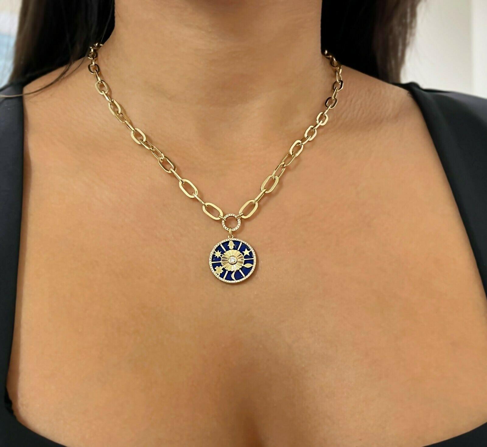 Round Cut Diamond Lapis Hamsa Star Moon Clover Yellow Gold Pendant Necklace For Sale