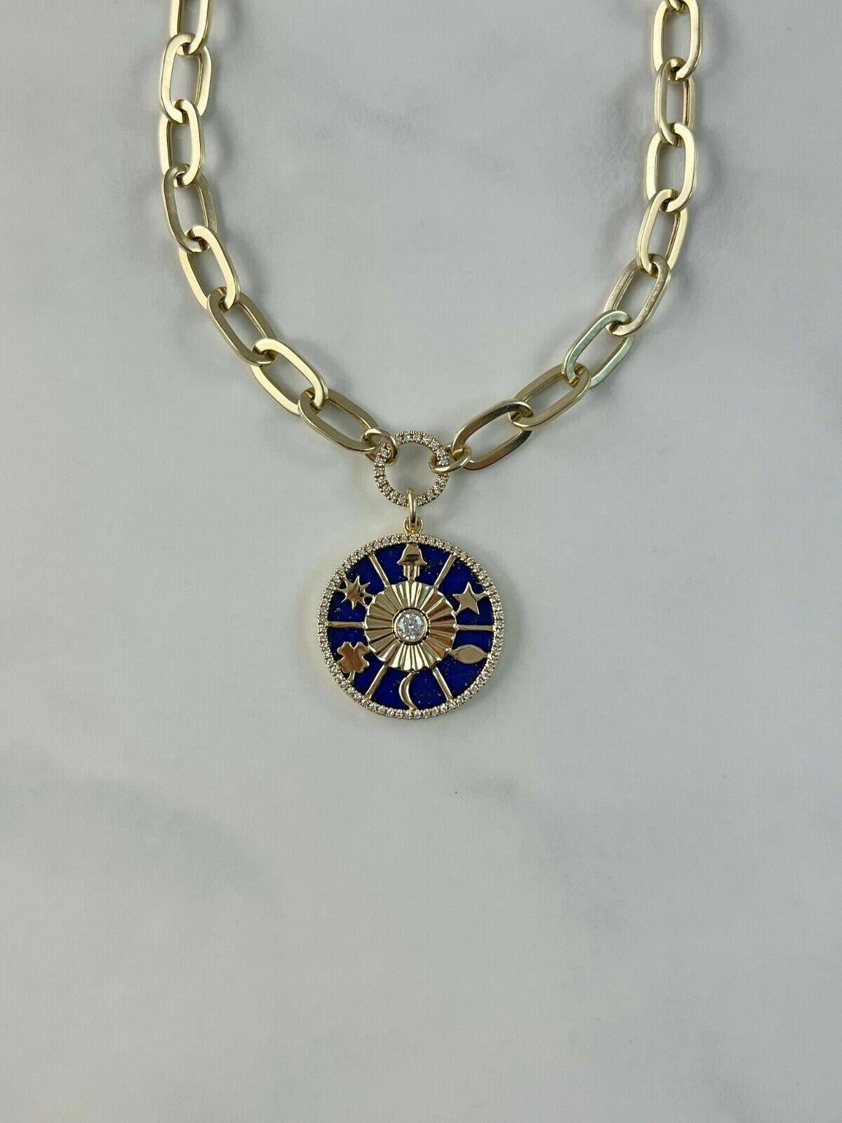 Diamond Lapis Hamsa Star Moon Clover Yellow Gold Pendant Necklace In New Condition For Sale In Los Angeles, CA