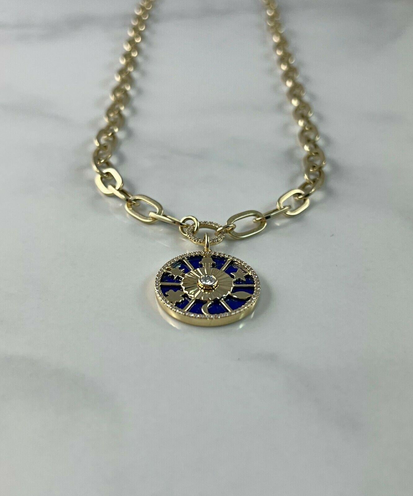 Women's Diamond Lapis Hamsa Star Moon Clover Yellow Gold Pendant Necklace For Sale