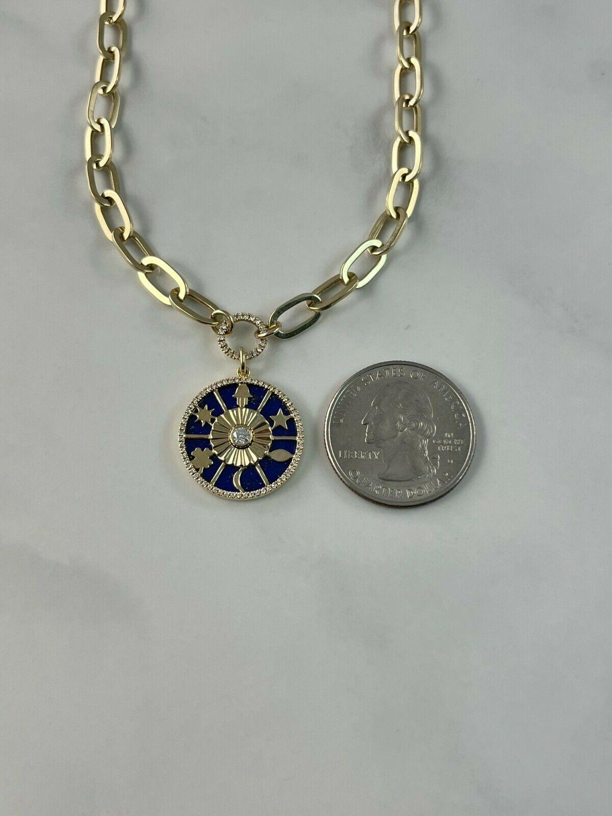 Diamond Lapis Hamsa Star Moon Clover Yellow Gold Pendant Necklace For Sale 1