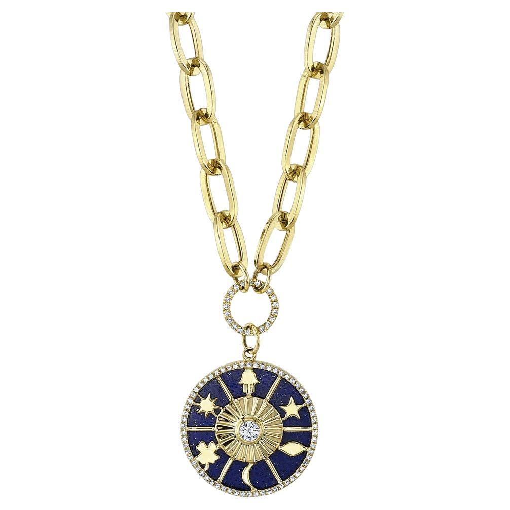 Diamond Lapis Hamsa Star Moon Clover Yellow Gold Pendant Necklace For Sale