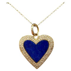 Collier pendentif coeur Lapis Diamant Or Jaune 14K 18in Nouveau