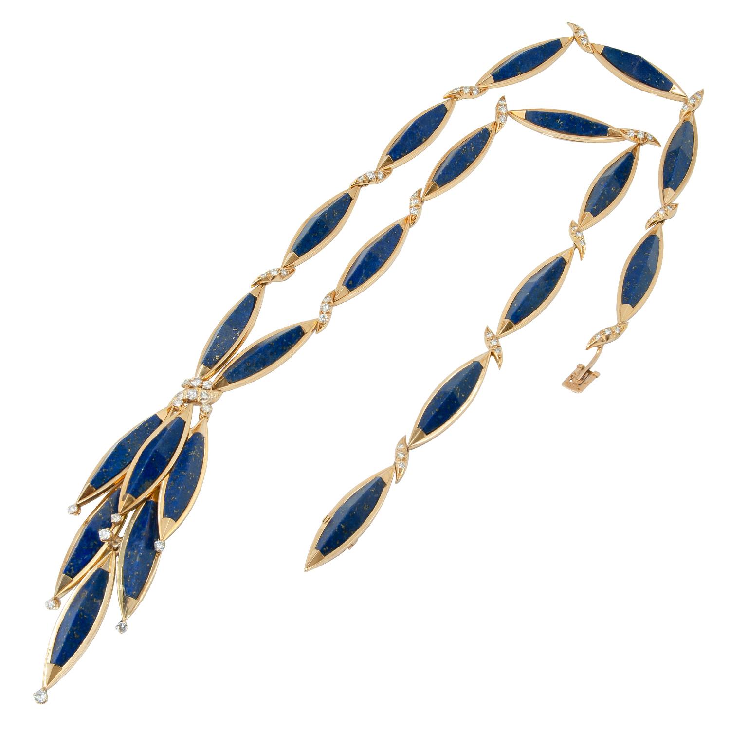Diamond, Lapis Lazuli Gold Necklace
An 18k yellow gold long necklace, set with diamond, lapis lazuli.
measures approx. 18″ in length and pendant approx. 4″ in length
French hallmarks, circa 1970s