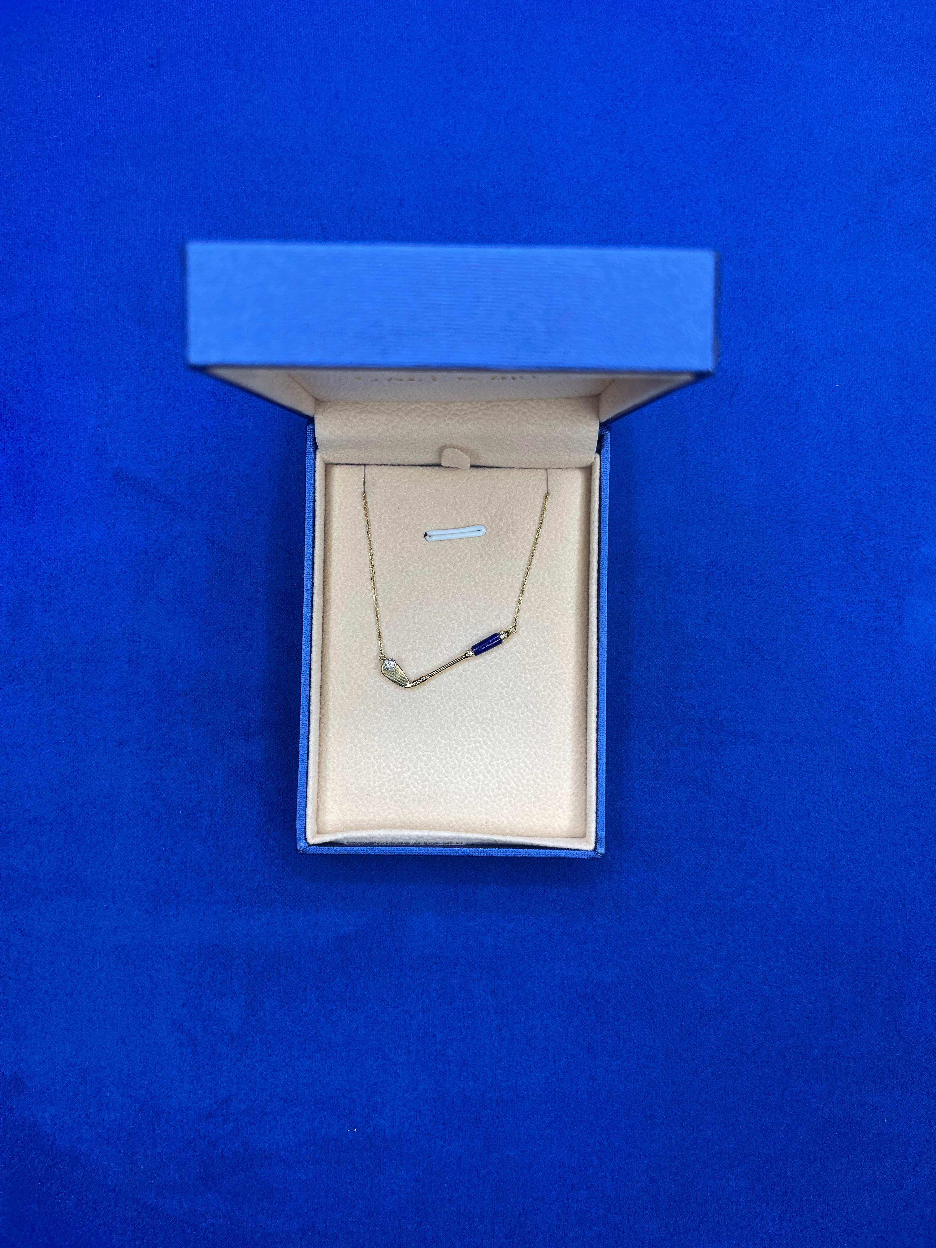 Modern Diamond Blue Lapis Lazuli Golf Club Birdie Charm 18 Yellow Gold Necklace Pendant For Sale