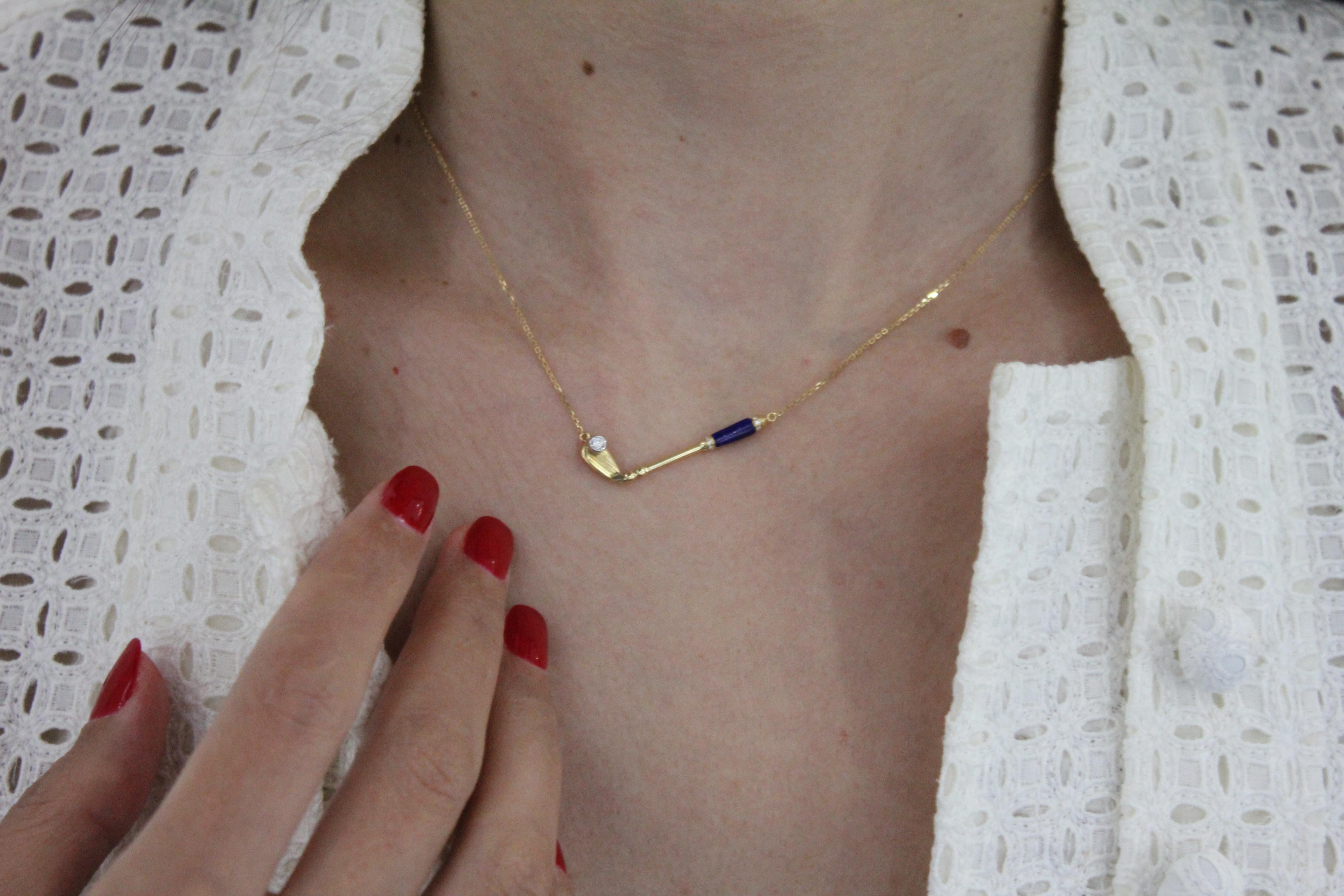 Diamond Blue Lapis Lazuli Golf Club Birdie Charm 18 Yellow Gold Necklace Pendant For Sale 3