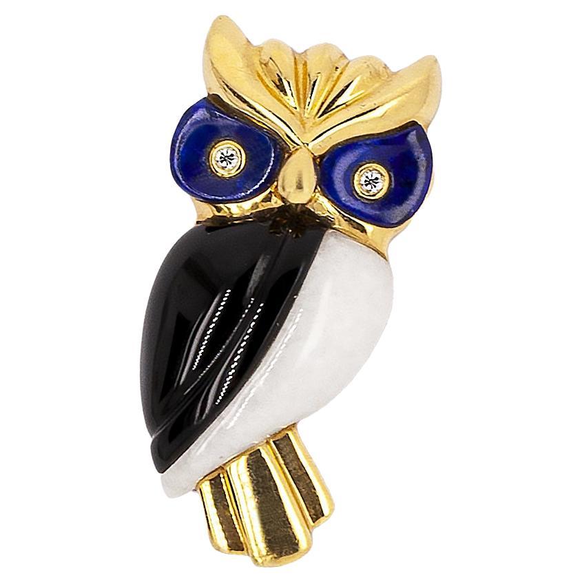 Diamond, Lapis Lazuli, Onyx and Quartz 18 Carat Yellow Gold Owl Brooch For Sale