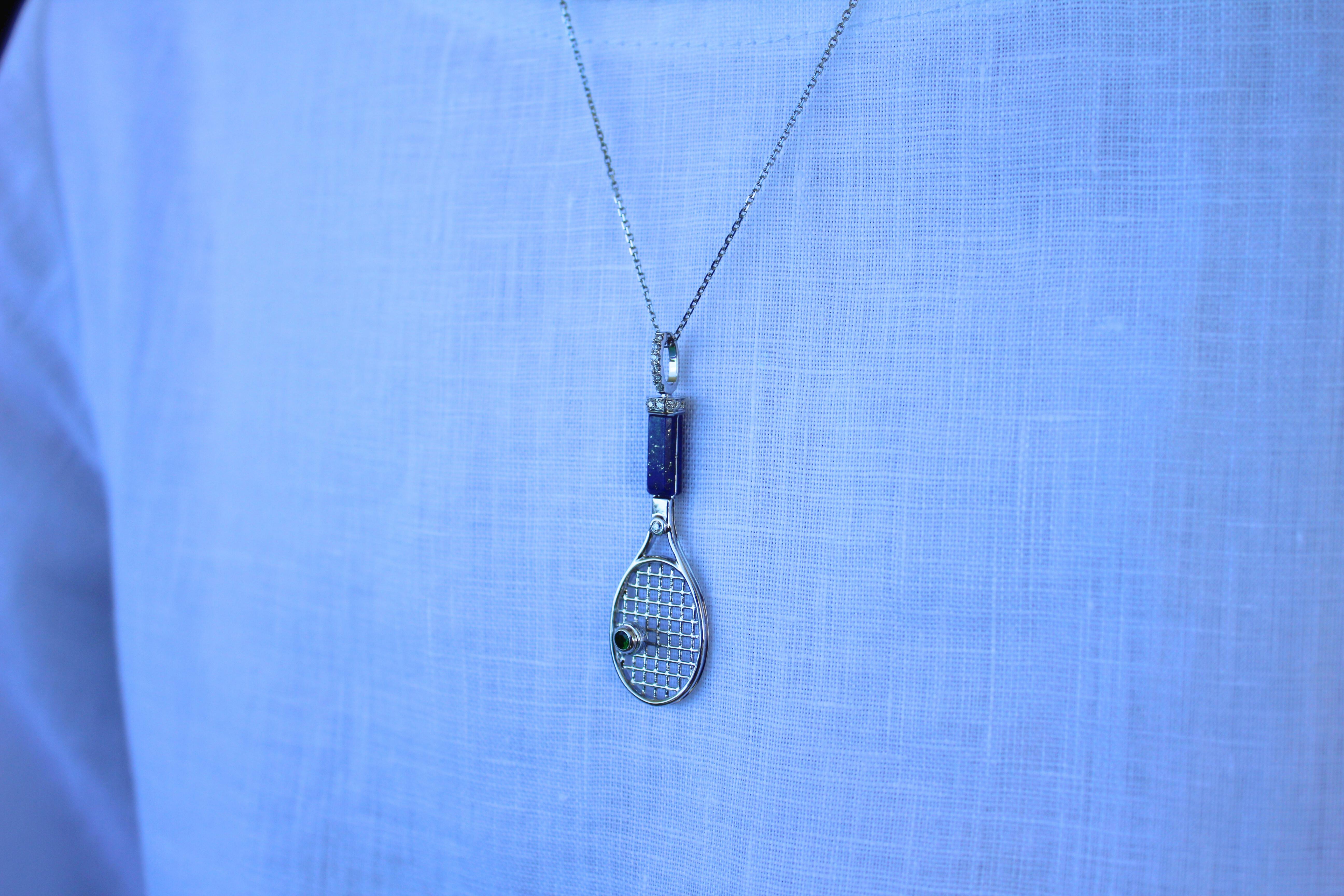 Diamond Lapis Lazuli Tennis Racket Emerald Charm 18K White Gold Necklace Pendant For Sale 9