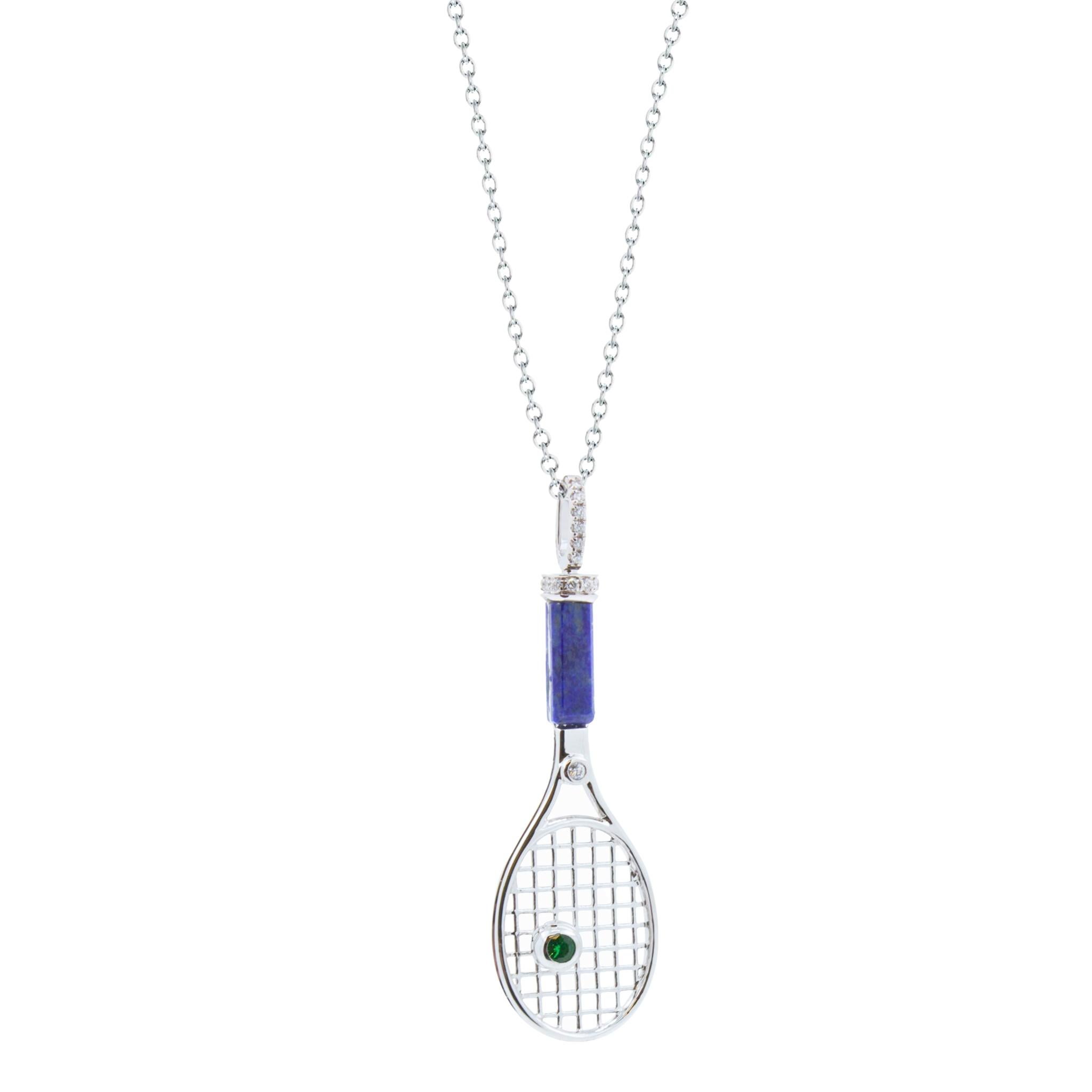 18K White Gold
Blue Lapis Lazuli Gemstone Handle
Green Emerald Tennis Ball Gemstone
0.25 cts Diamonds
16-18 inches Diamond-Cut Link Cable chain length
In-Stock
This is part of Galt & Bro. Jewelry's exclusive, custom made-to-order Ace Collection. We