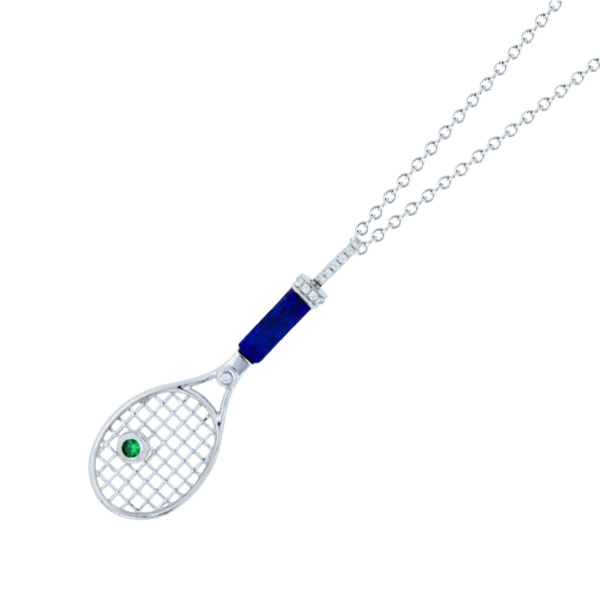 Modern Diamond Lapis Lazuli Tennis Racket Emerald Charm 18K White Gold Necklace Pendant For Sale