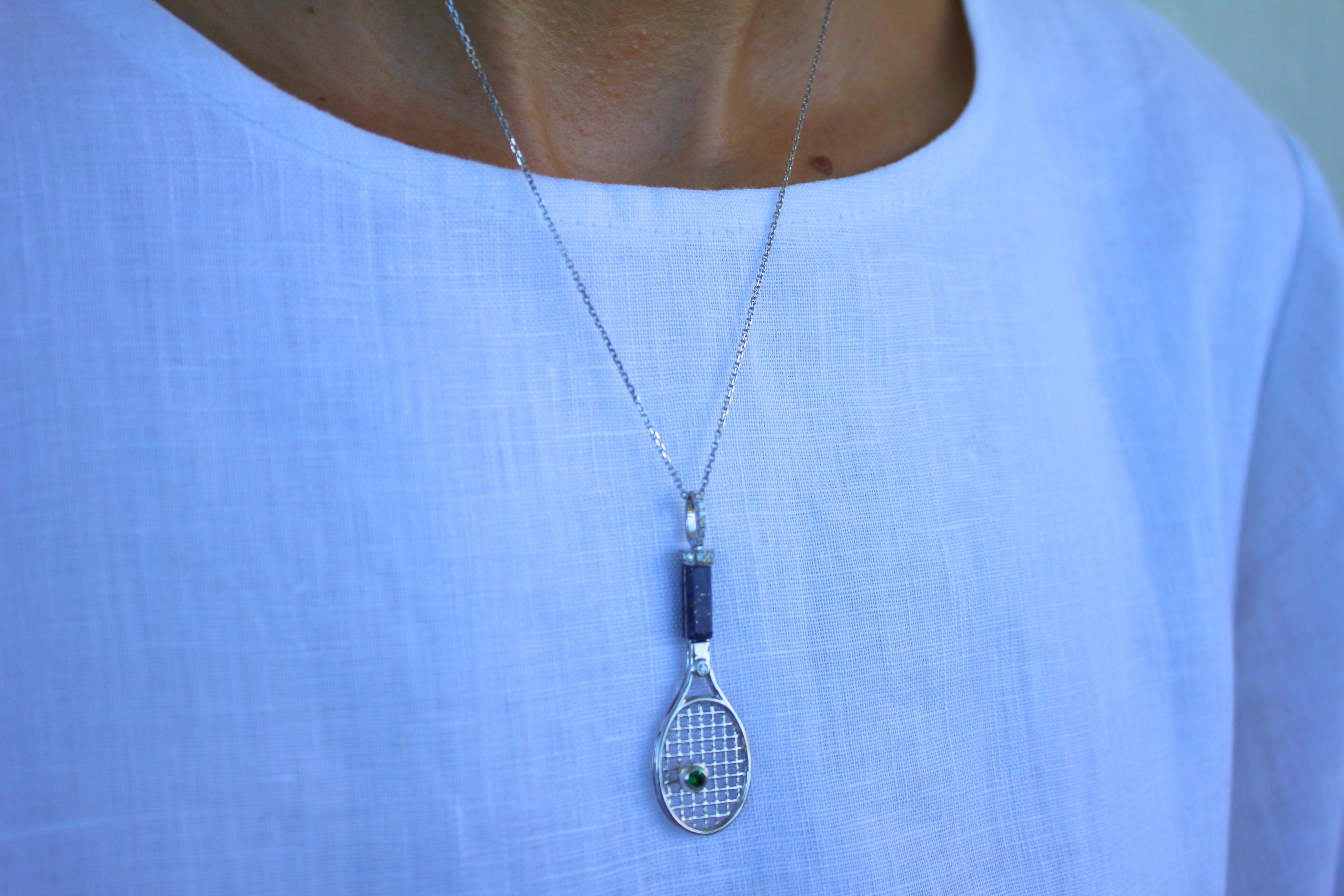 Women's or Men's Diamond Lapis Lazuli Tennis Racket Emerald Charm 18K White Gold Necklace Pendant For Sale