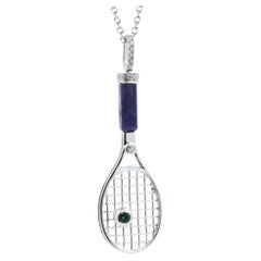 Diamond Lapis Lazuli Tennis Racket Emerald Charm 18K White Gold Necklace Pendant