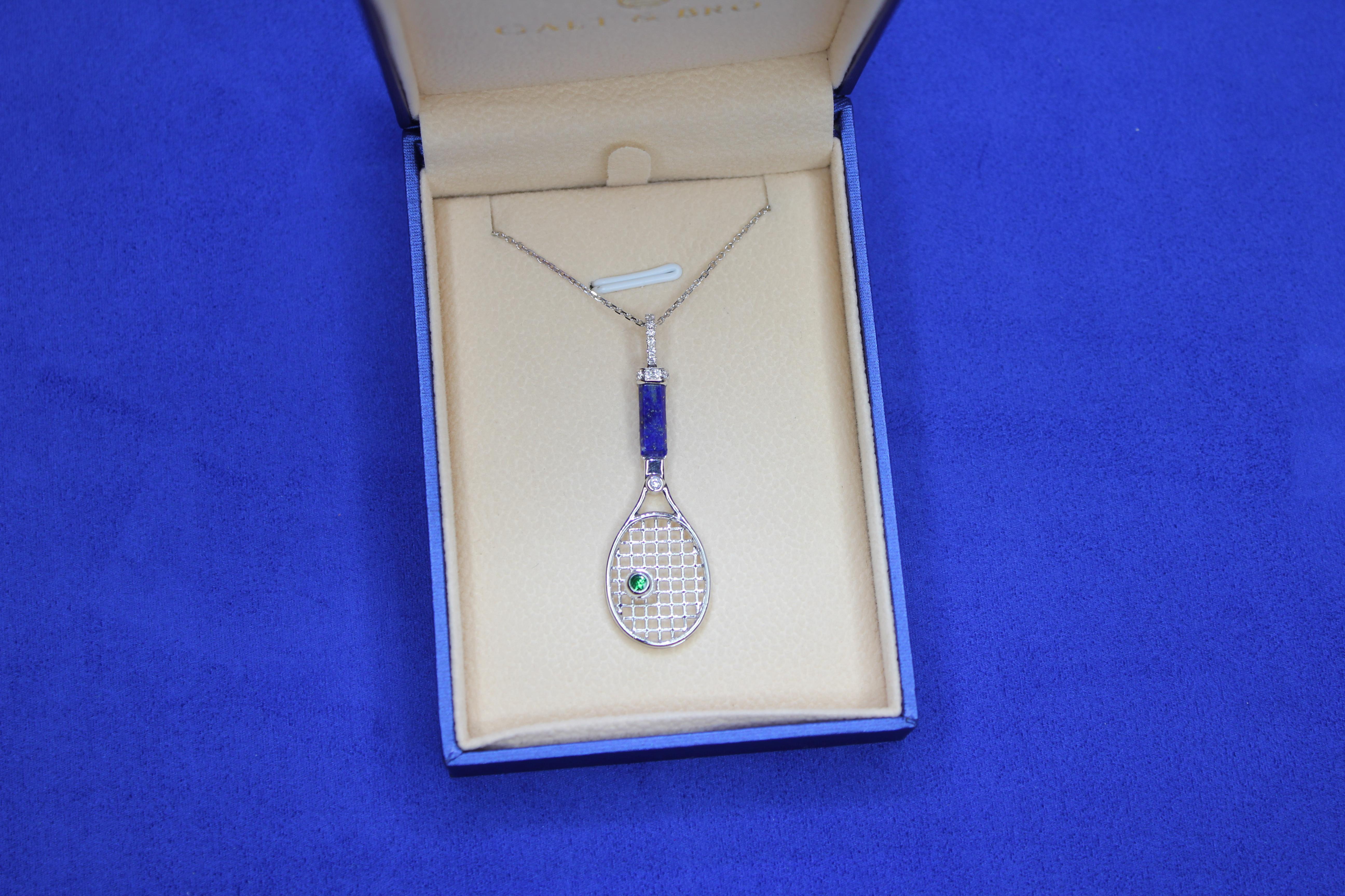 Diamond Lapis Lazuli Tennis Racket Emerald Charm 18K White Gold Necklace Pendant For Sale 5