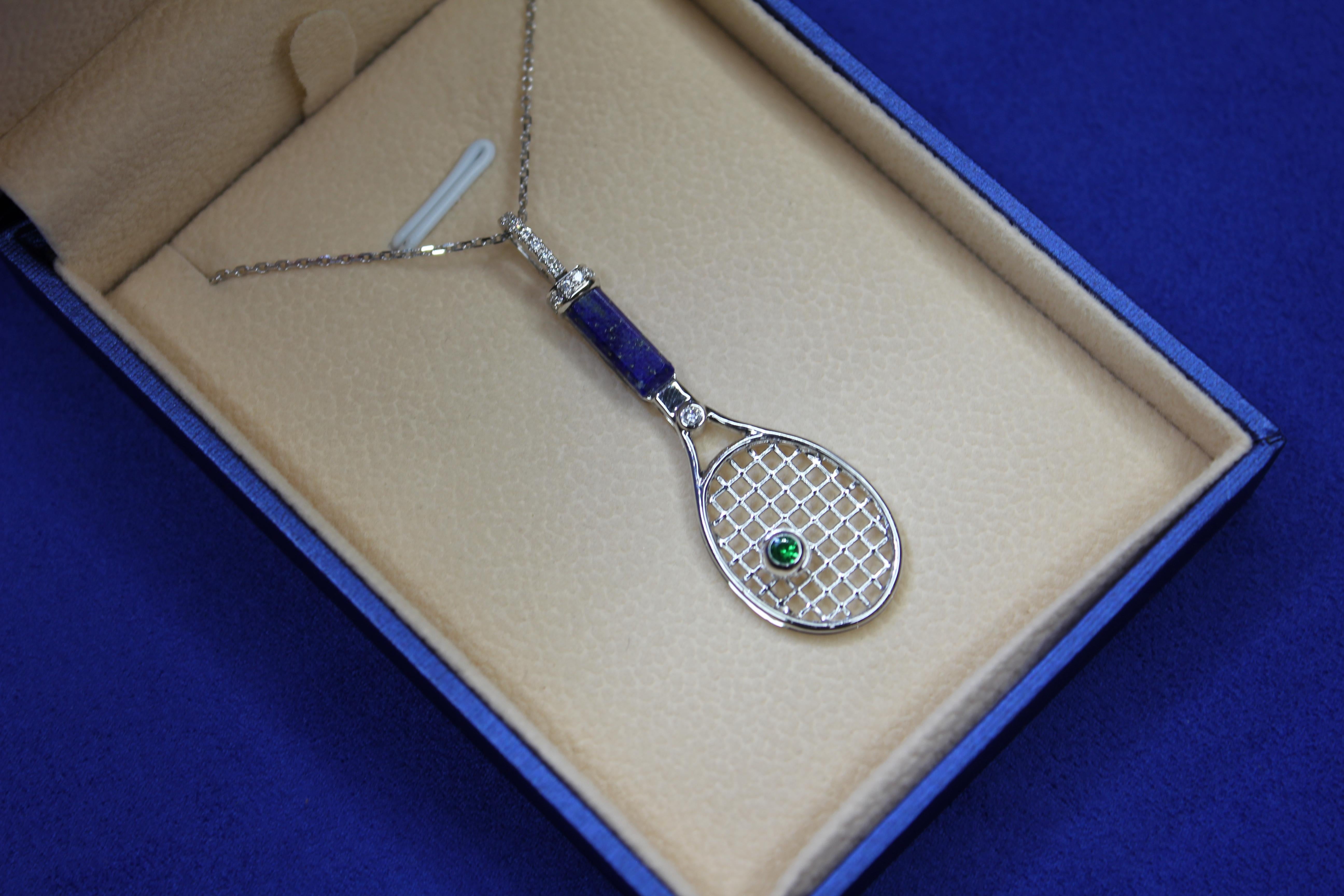 Mixed Cut Diamond Lapis Lazuli Tennis Racket Emerald Charm 18K White Gold Necklace Pendant For Sale
