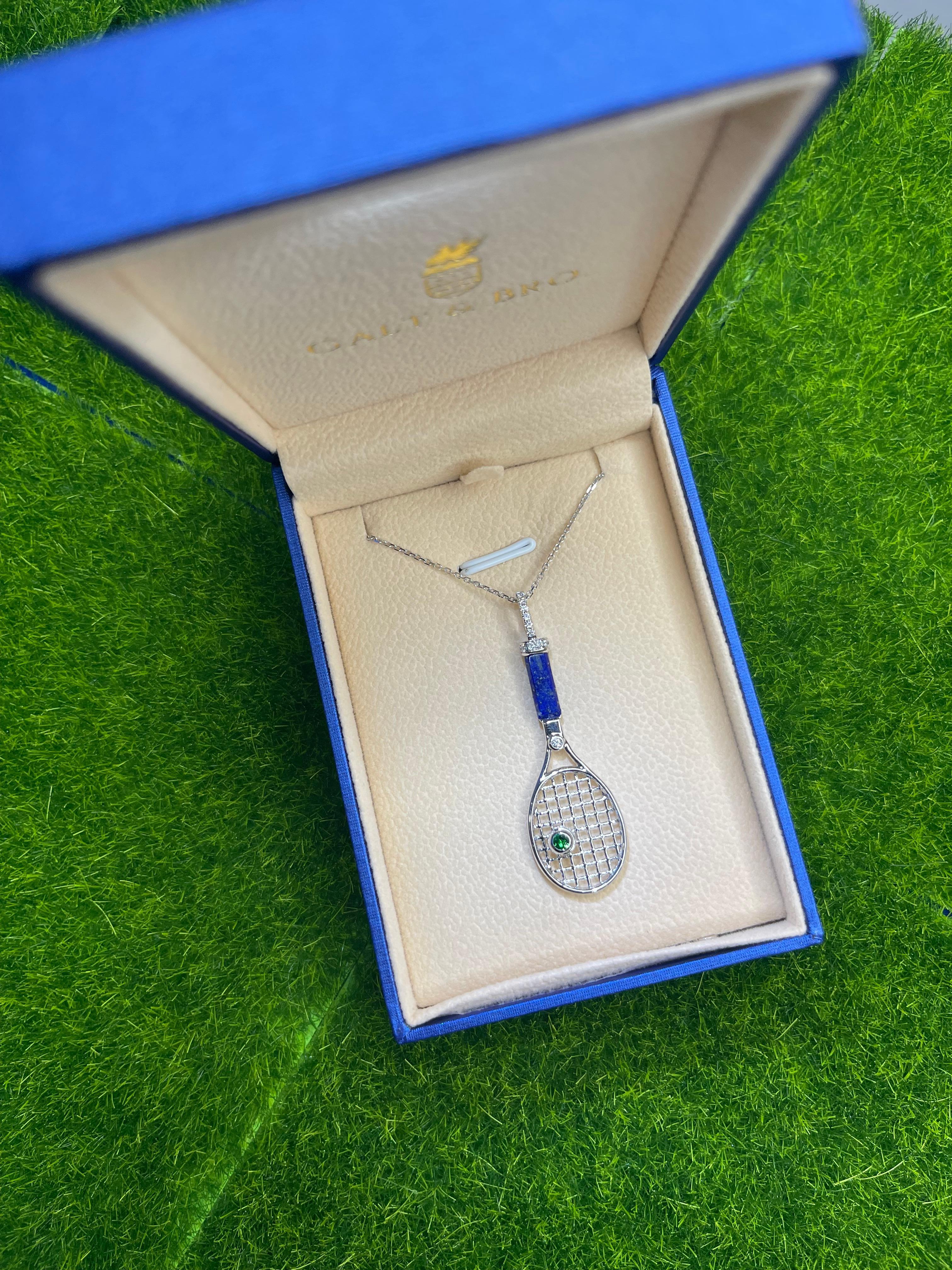 Diamond Lapis Lazuli Tennis Racket Emerald Charm 18K White Gold Necklace Pendant For Sale 1