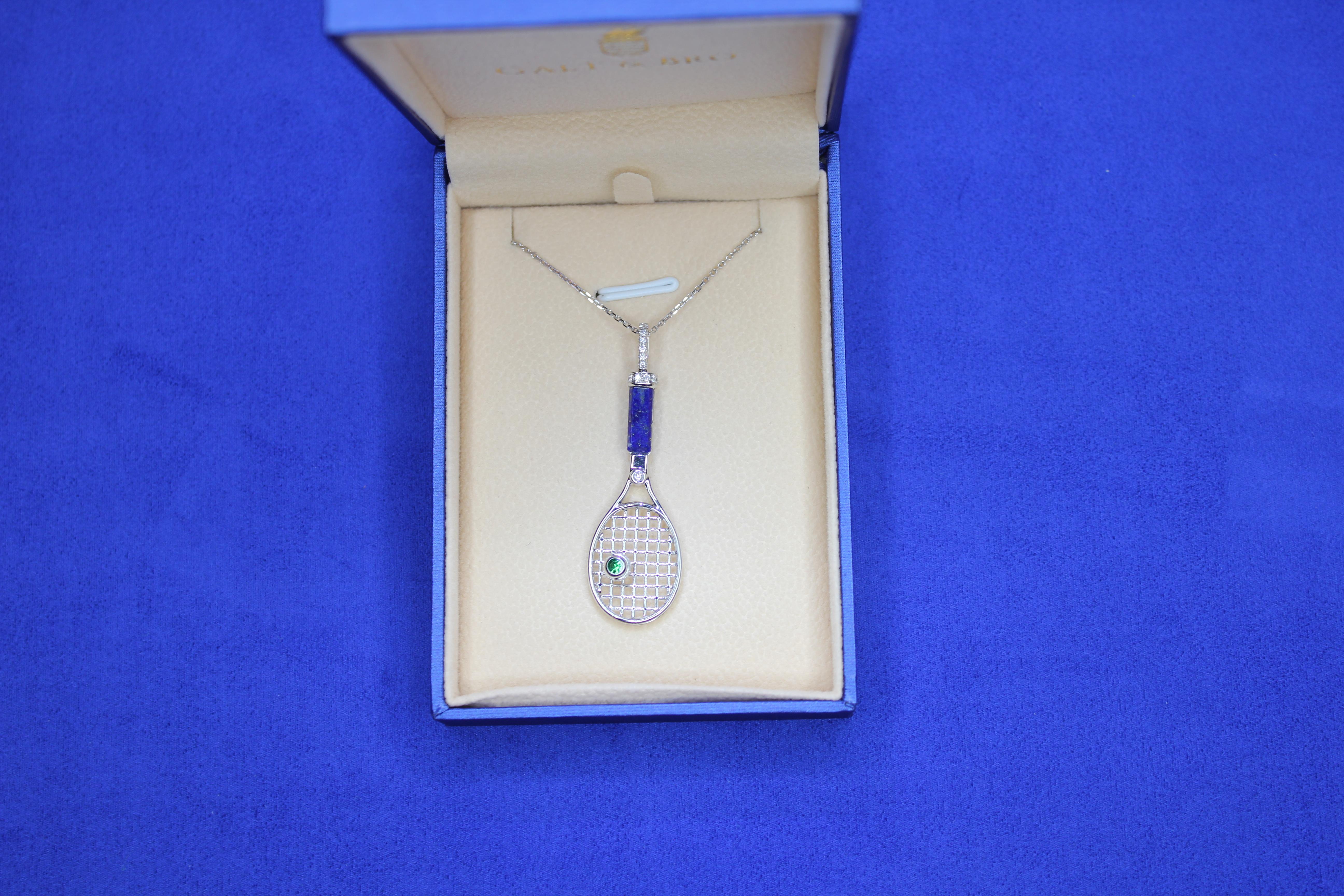 Diamond Lapis Lazuli Tennis Racket Emerald Charm 18K White Gold Necklace Pendant For Sale 2