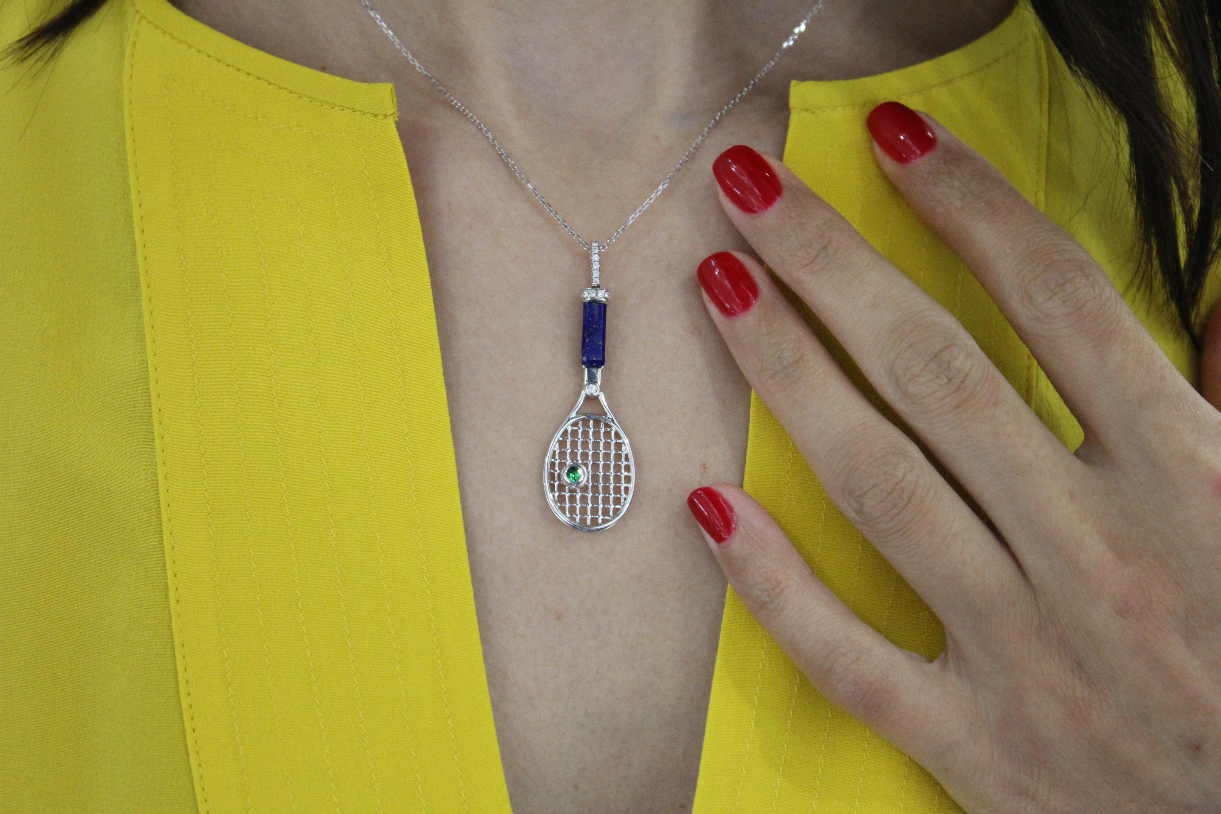 Diamond Lapis Lazuli Tennis Racket Emerald Charm 18K White Gold Necklace Pendant For Sale 6