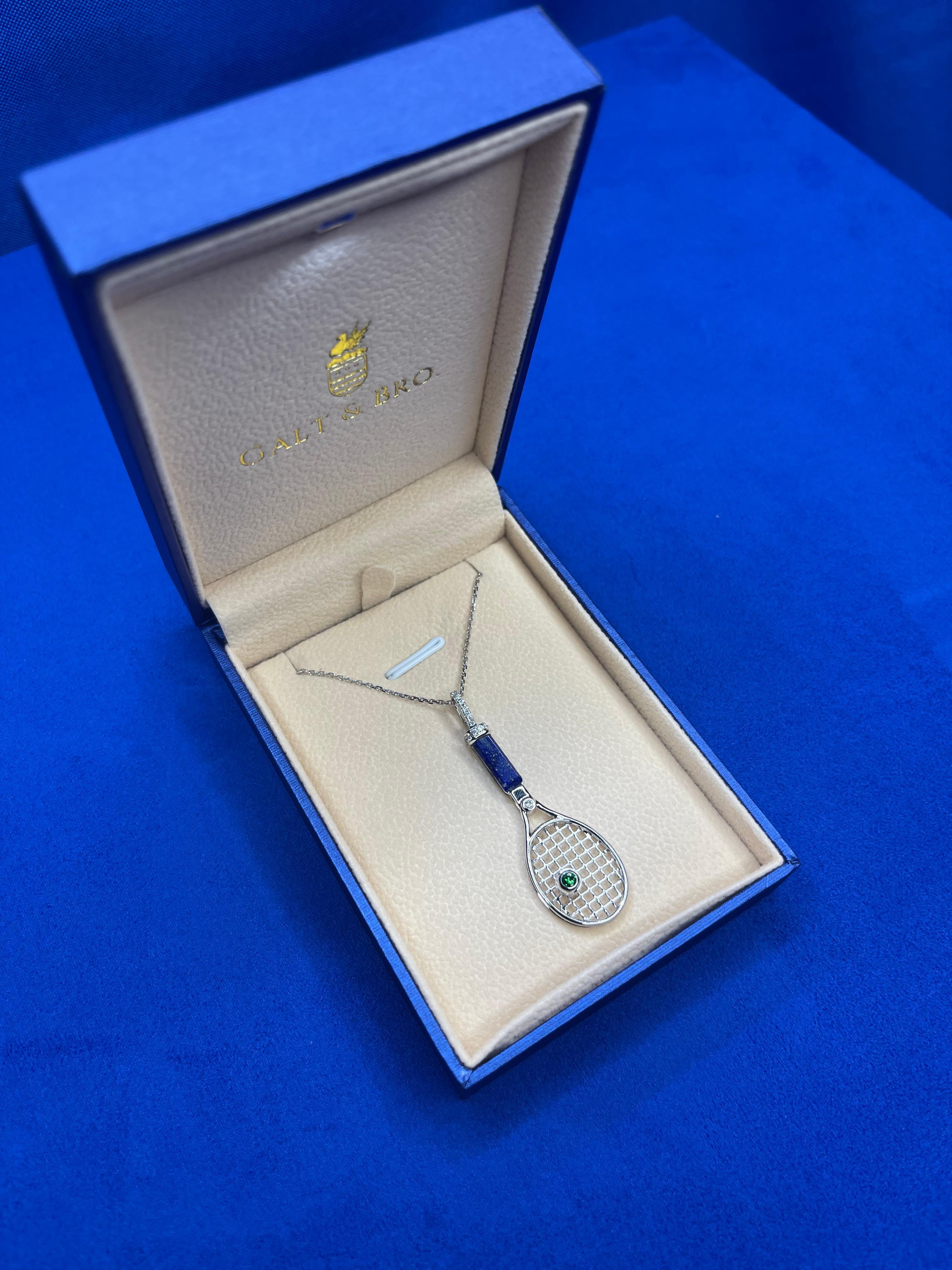 Diamond Lapis Lazuli Tennis Racket Emerald Charm 18K White Gold Necklace Pendant For Sale 3