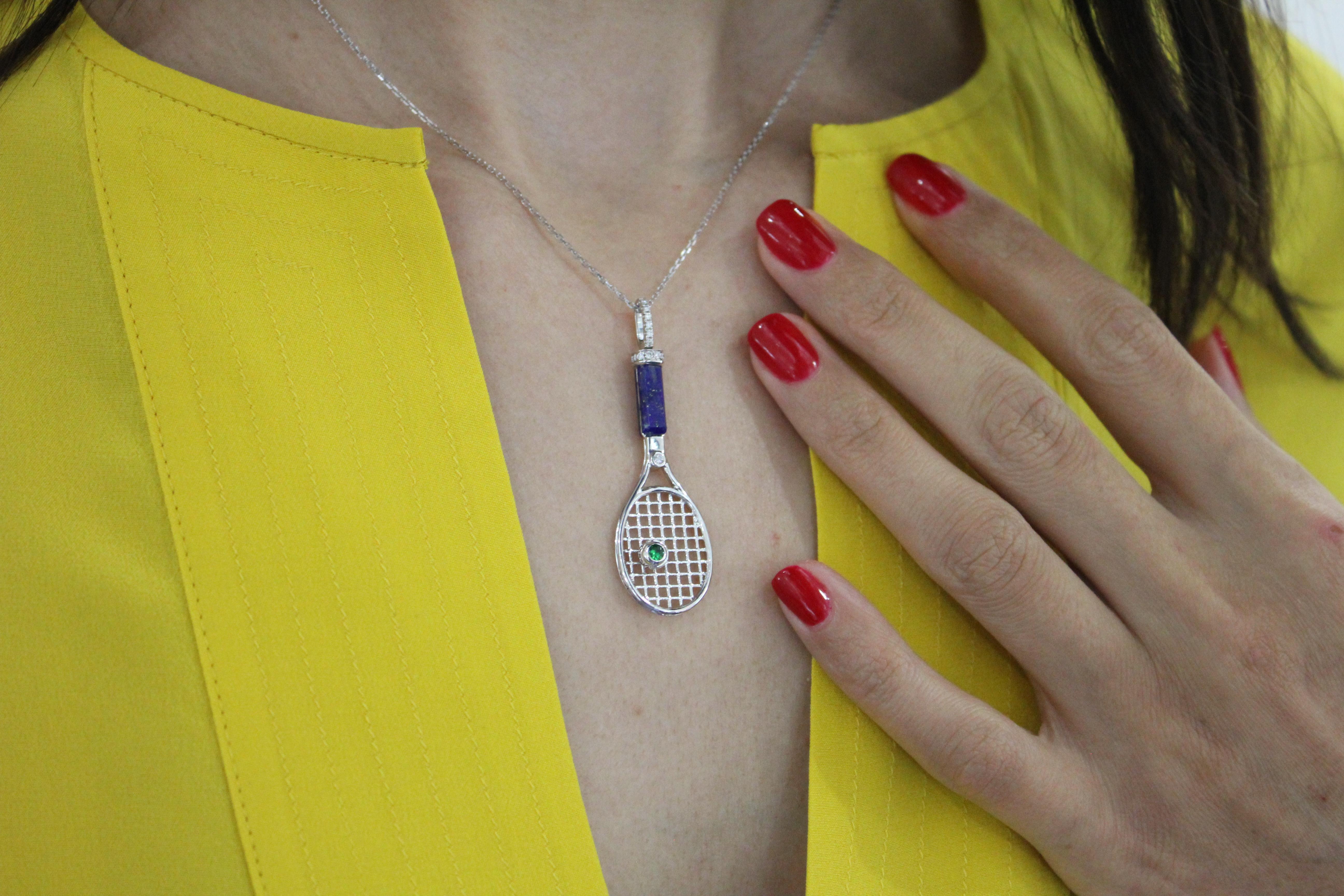 Diamond Lapis Lazuli Tennis Racket Emerald Charm 18K White Gold Necklace Pendant For Sale 7