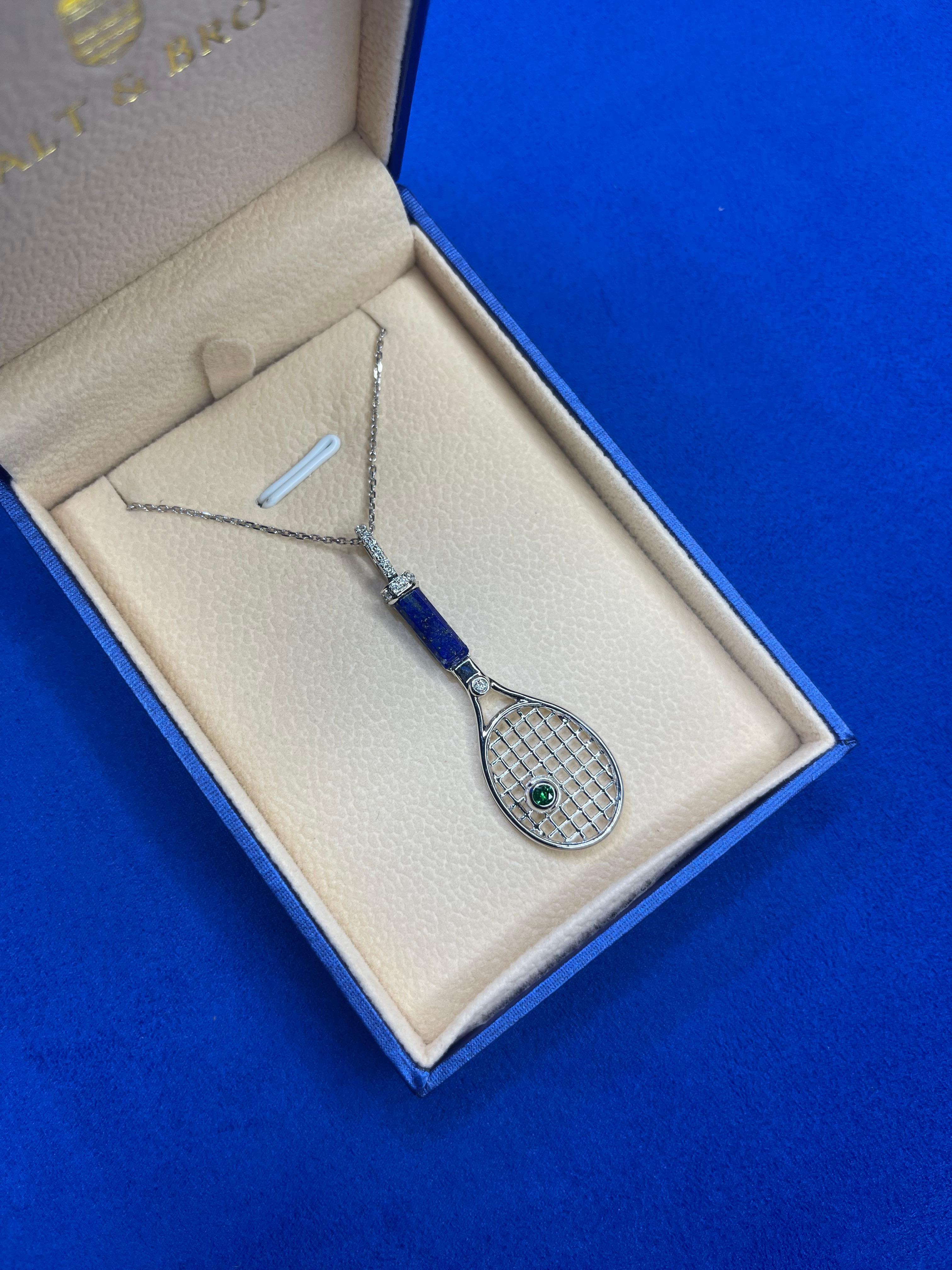 Diamond Lapis Lazuli Tennis Racket Emerald Charm 18K White Gold Necklace Pendant For Sale 4