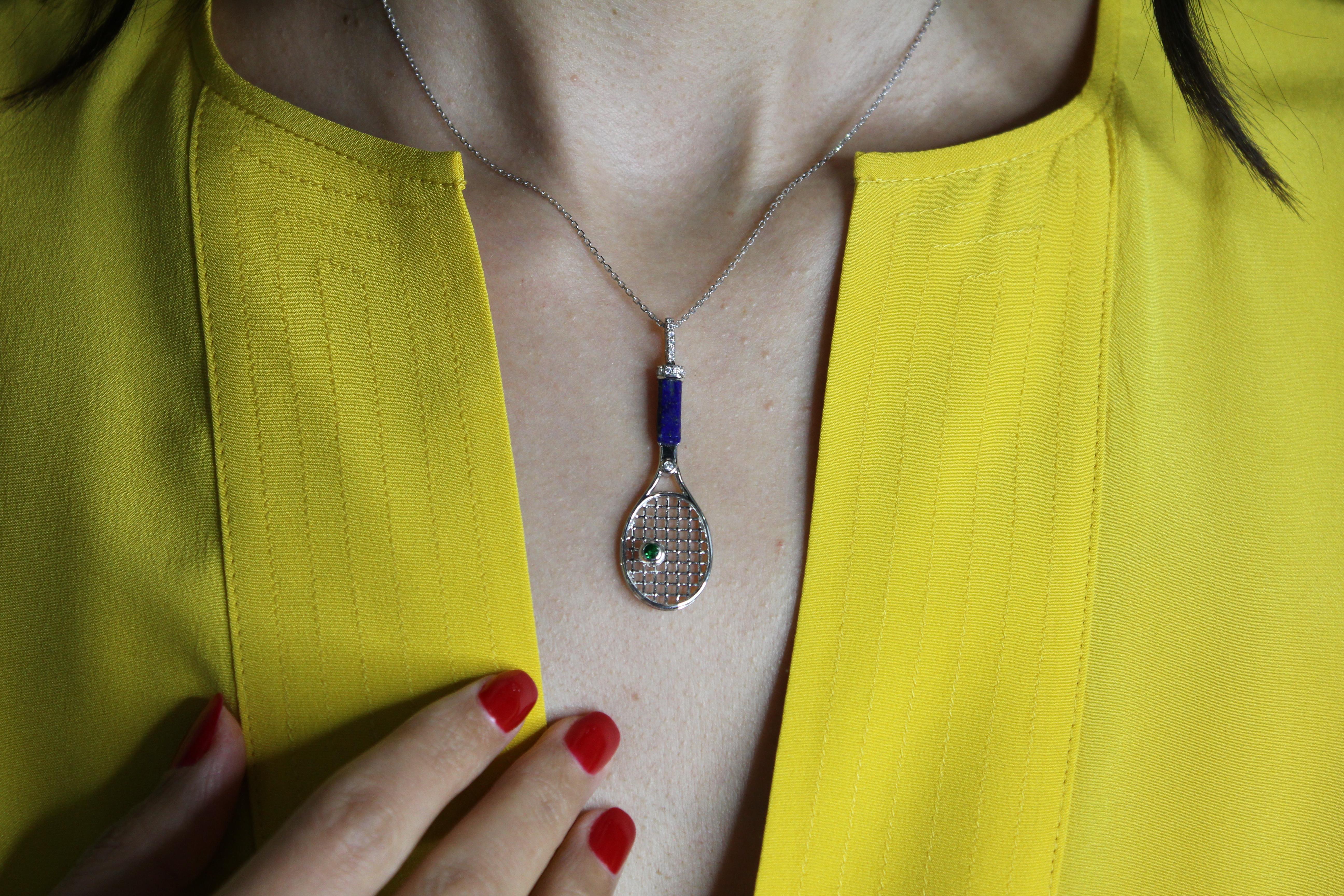 Diamond Lapis Lazuli Tennis Racket Emerald Charm 18K White Gold Necklace Pendant For Sale 8